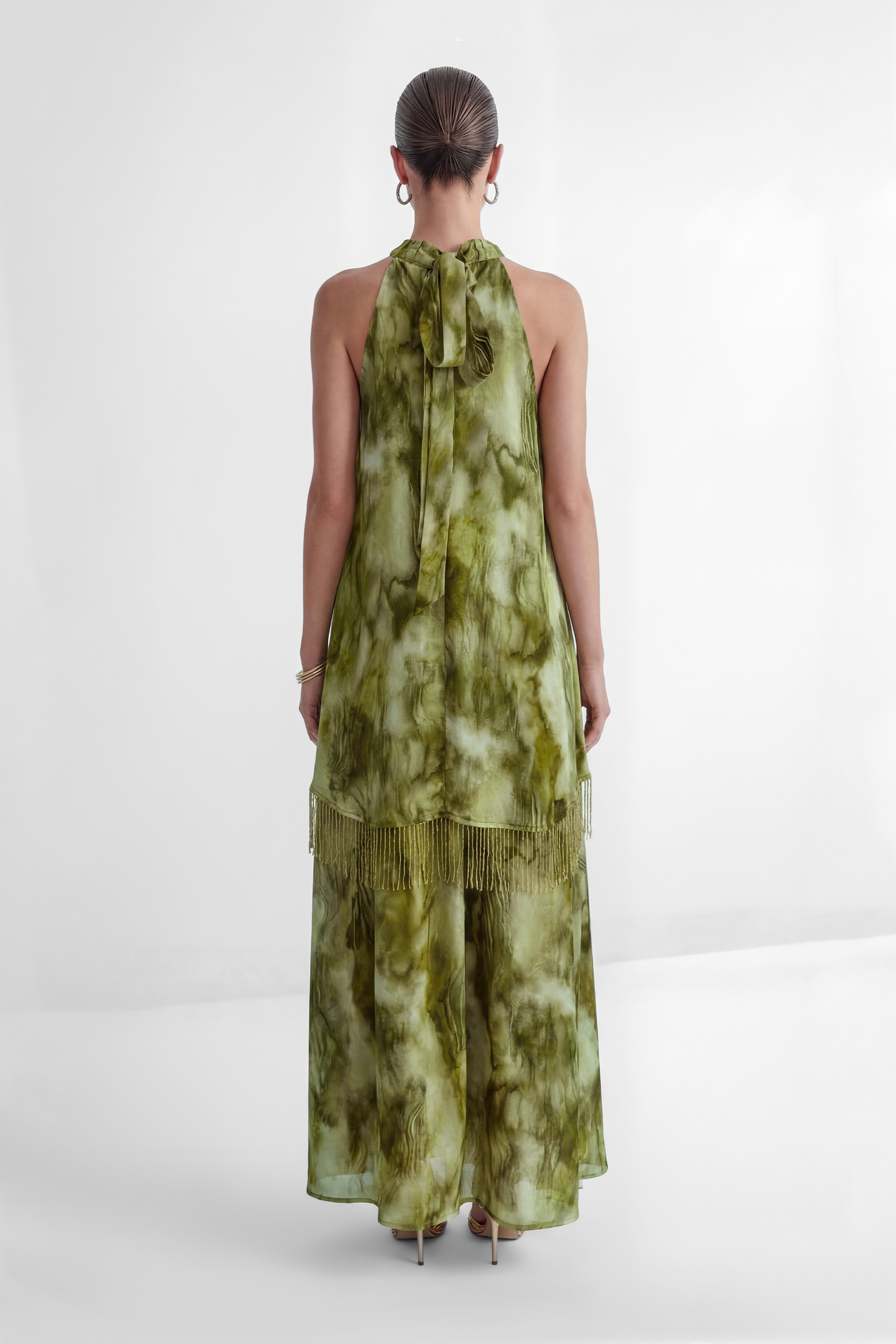 Pure Reverie Green Halter Neck Fringe Maxi Dress