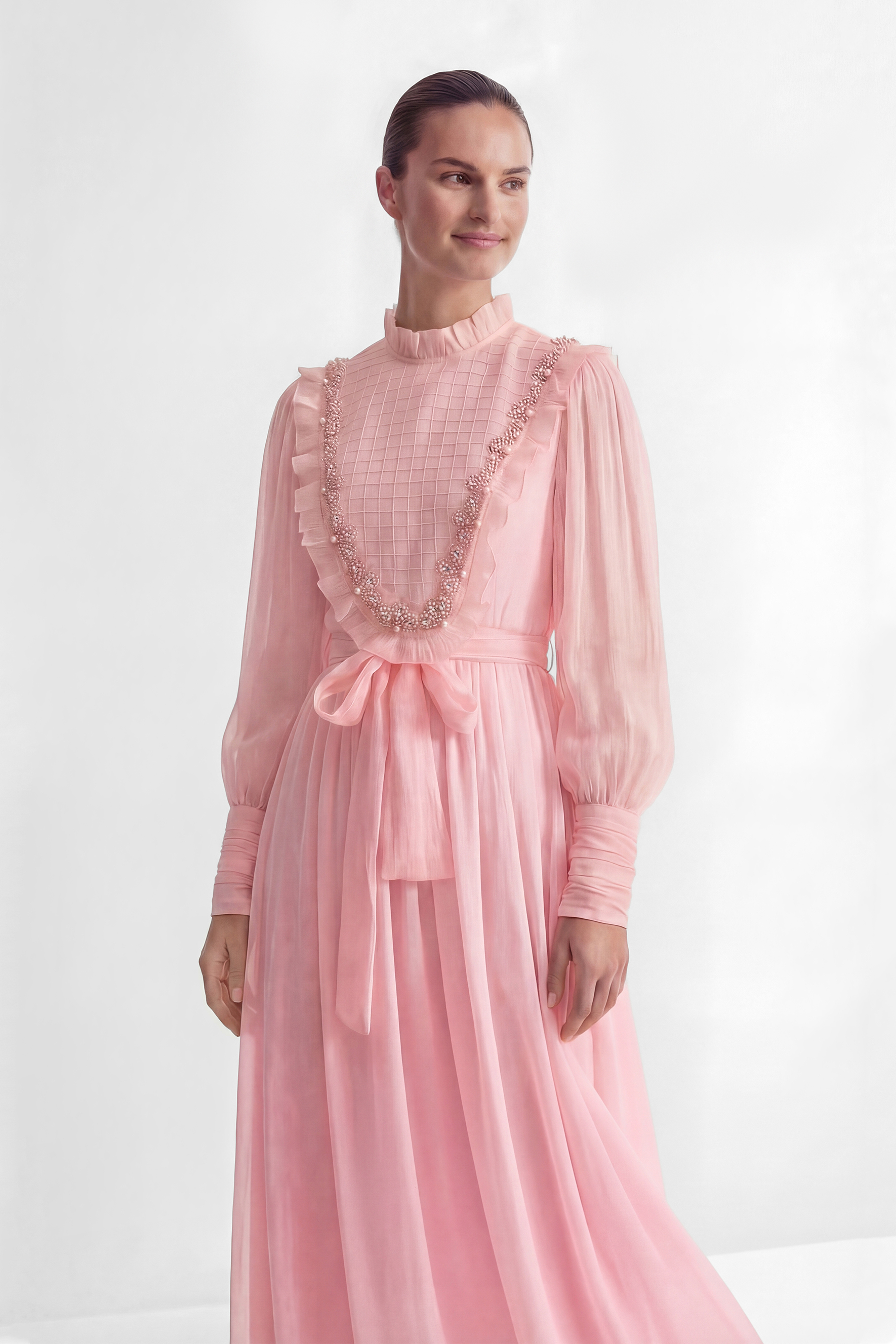Wanna Know Your Name Pink Beaded Ruffle Trim Maxi Dress