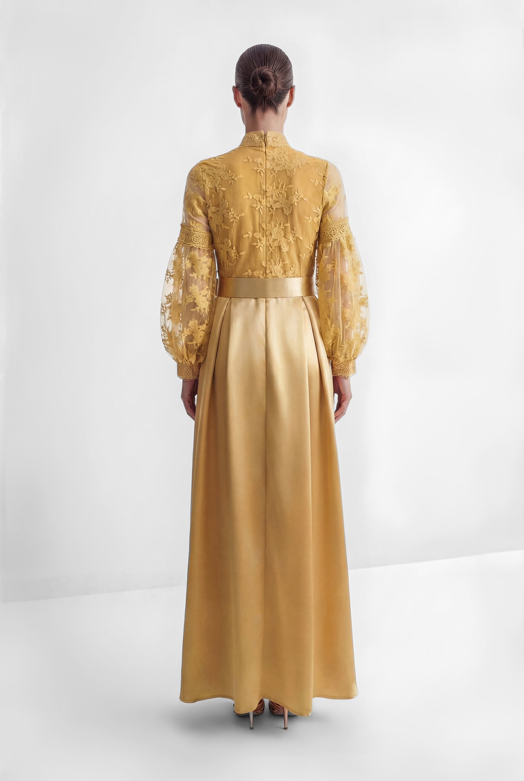 Perfectly Flirtatious Yellow Sheer Lace Sleeve Maxi Dress