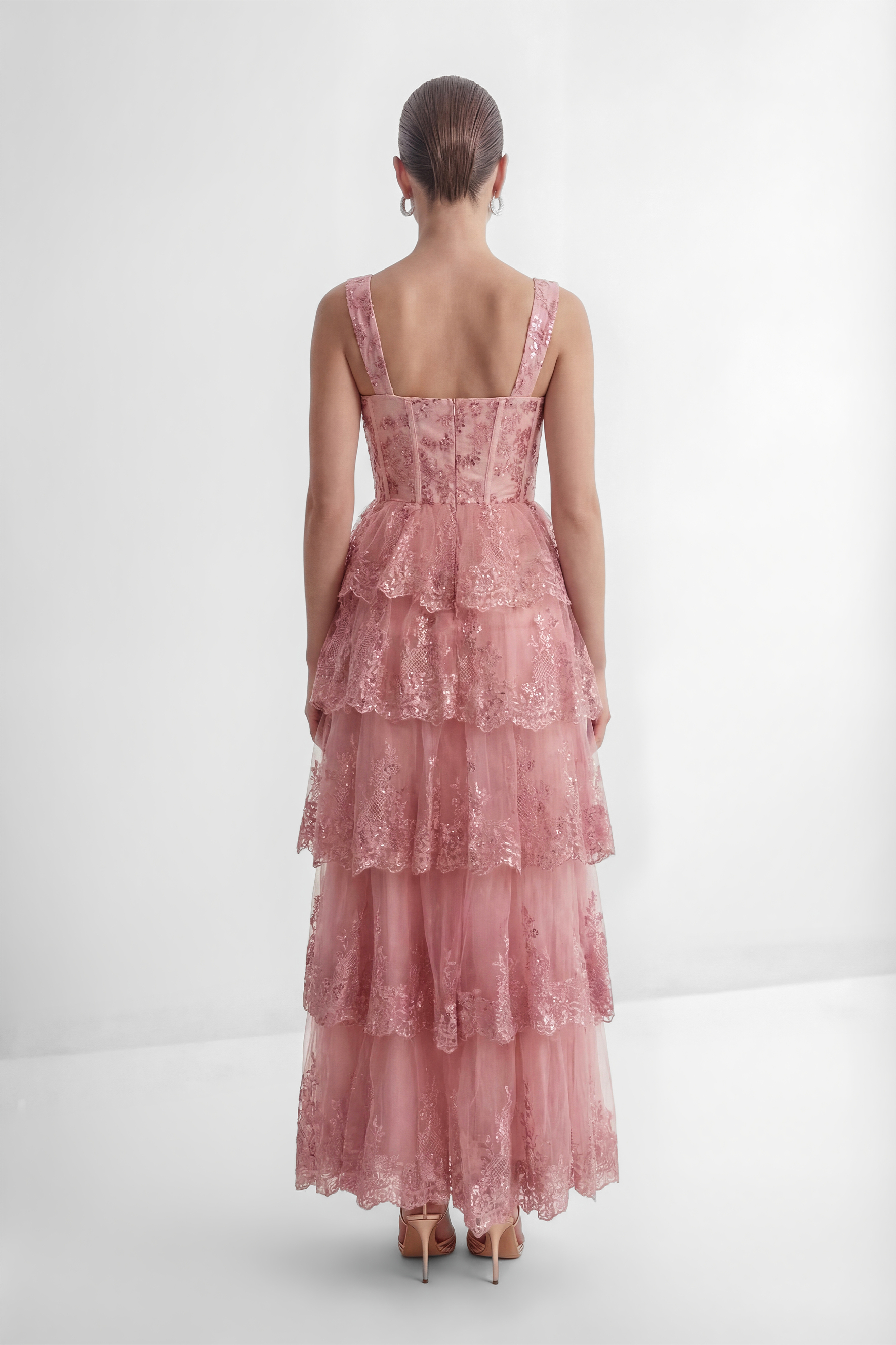 Close To Your Heart Pink Lace Corset Tiered Maxi Dress