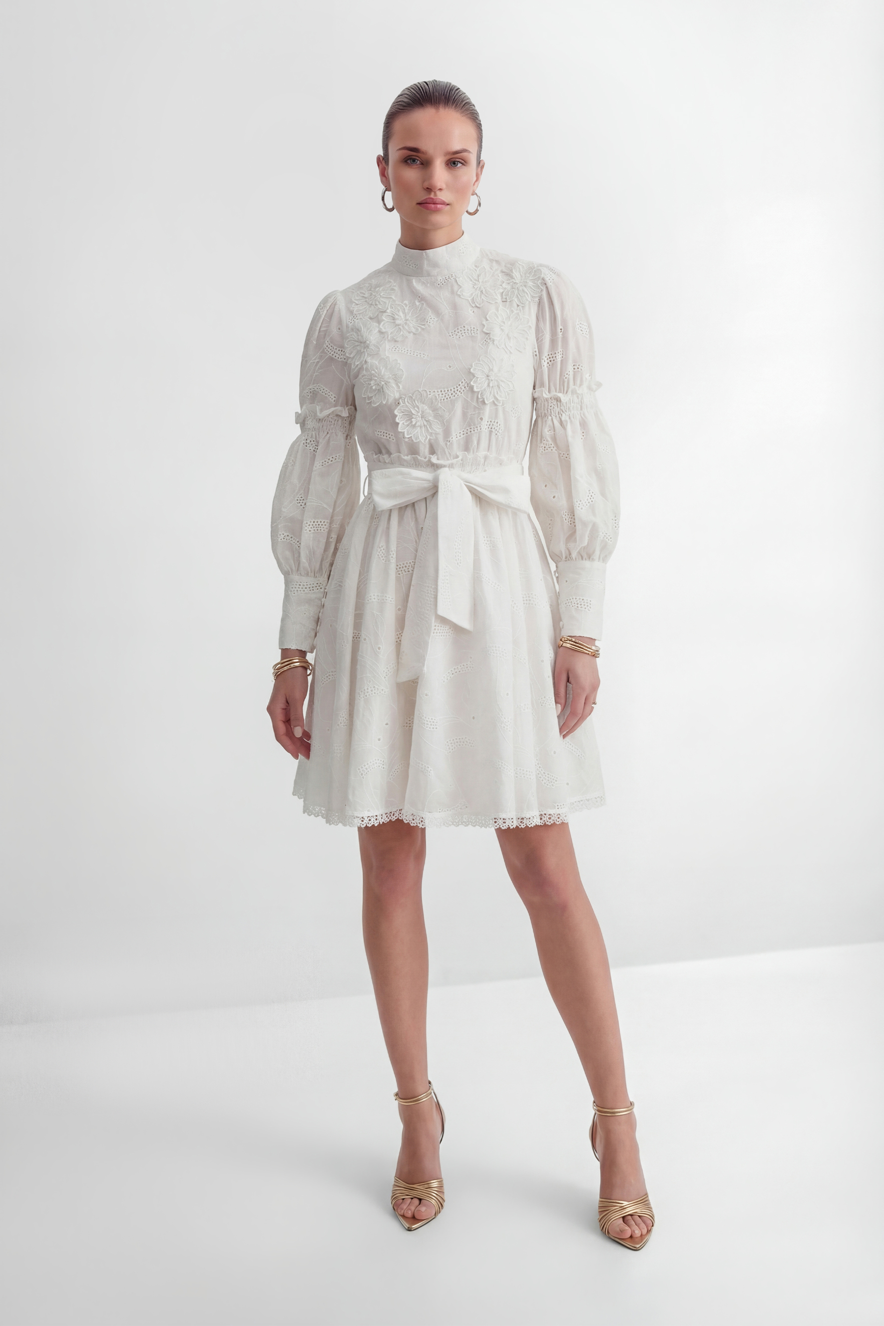 Loveliest Looks White Floral Embroidery Belted Mini Dress