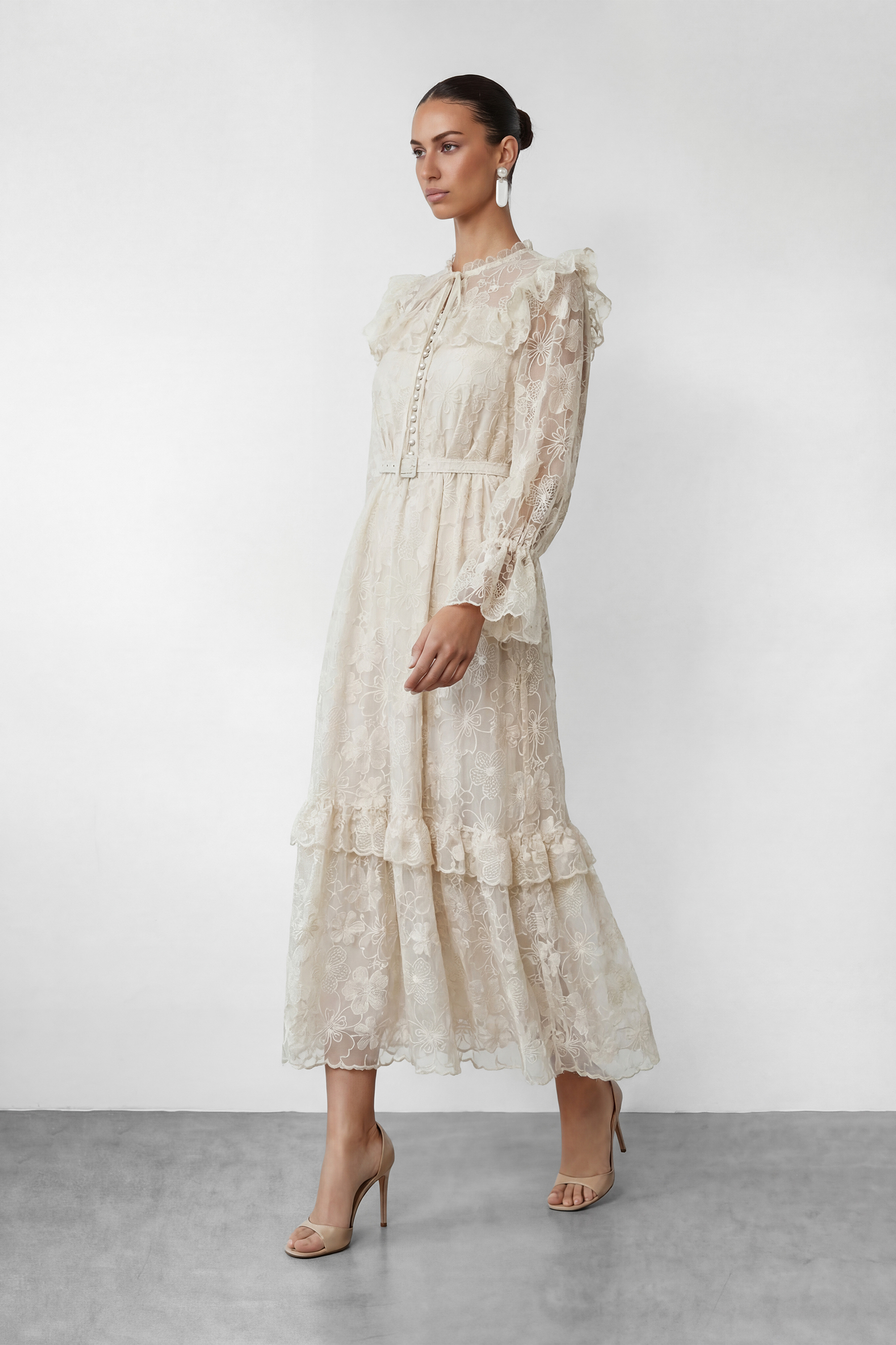 Floral Dream Beige Lace Embroidered Tiered Ruffle Maxi Dress
