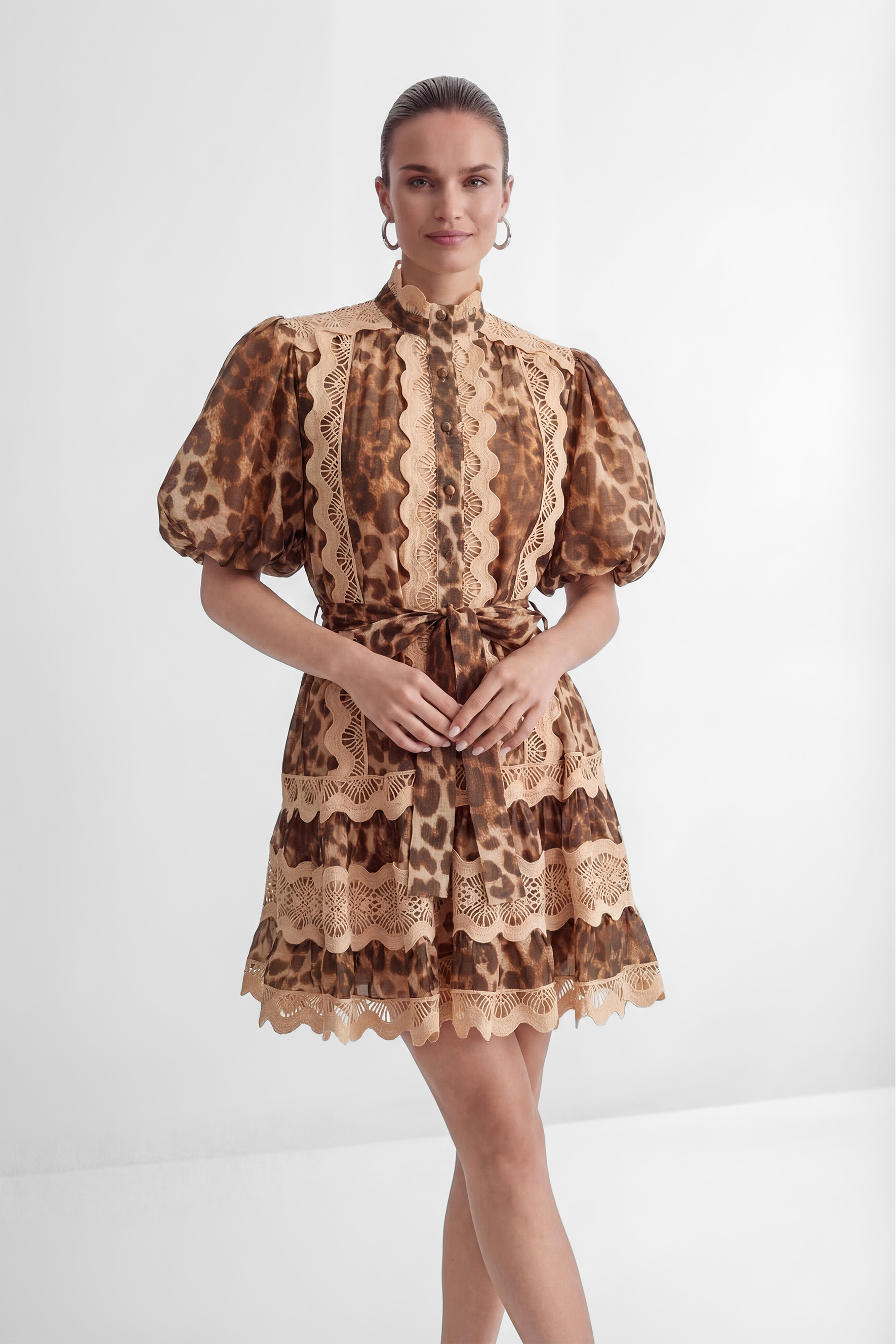 Excellent Mood Brown Leopard Print Lace Trim Mini Dress
