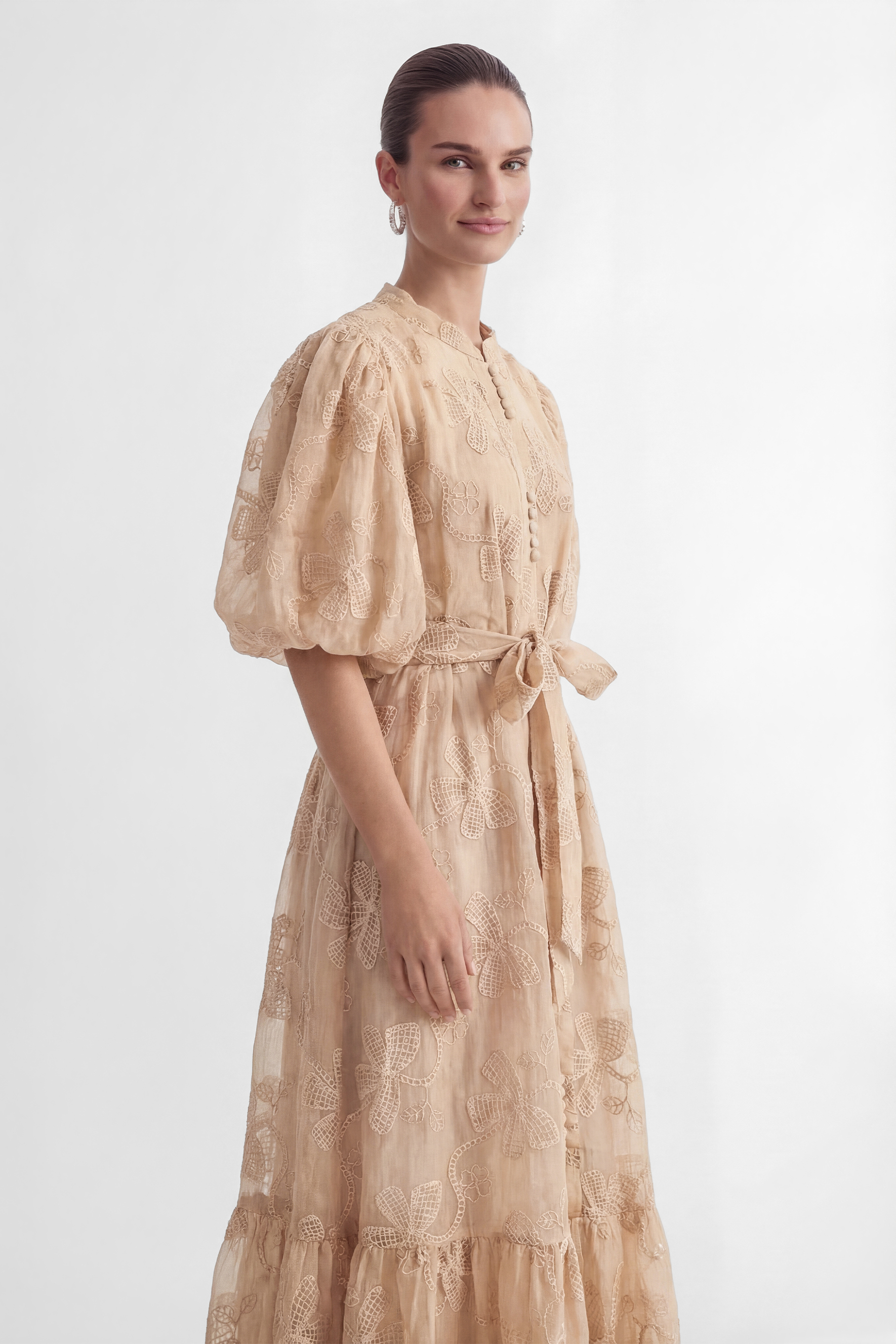 Always Remarkable Beige Floral Embroidery Puff Sleeve Maxi Dress