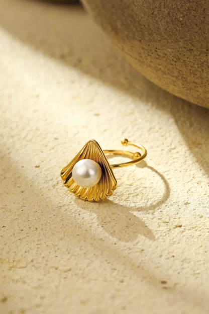 Scalloped Shell Pearl Accent Ring