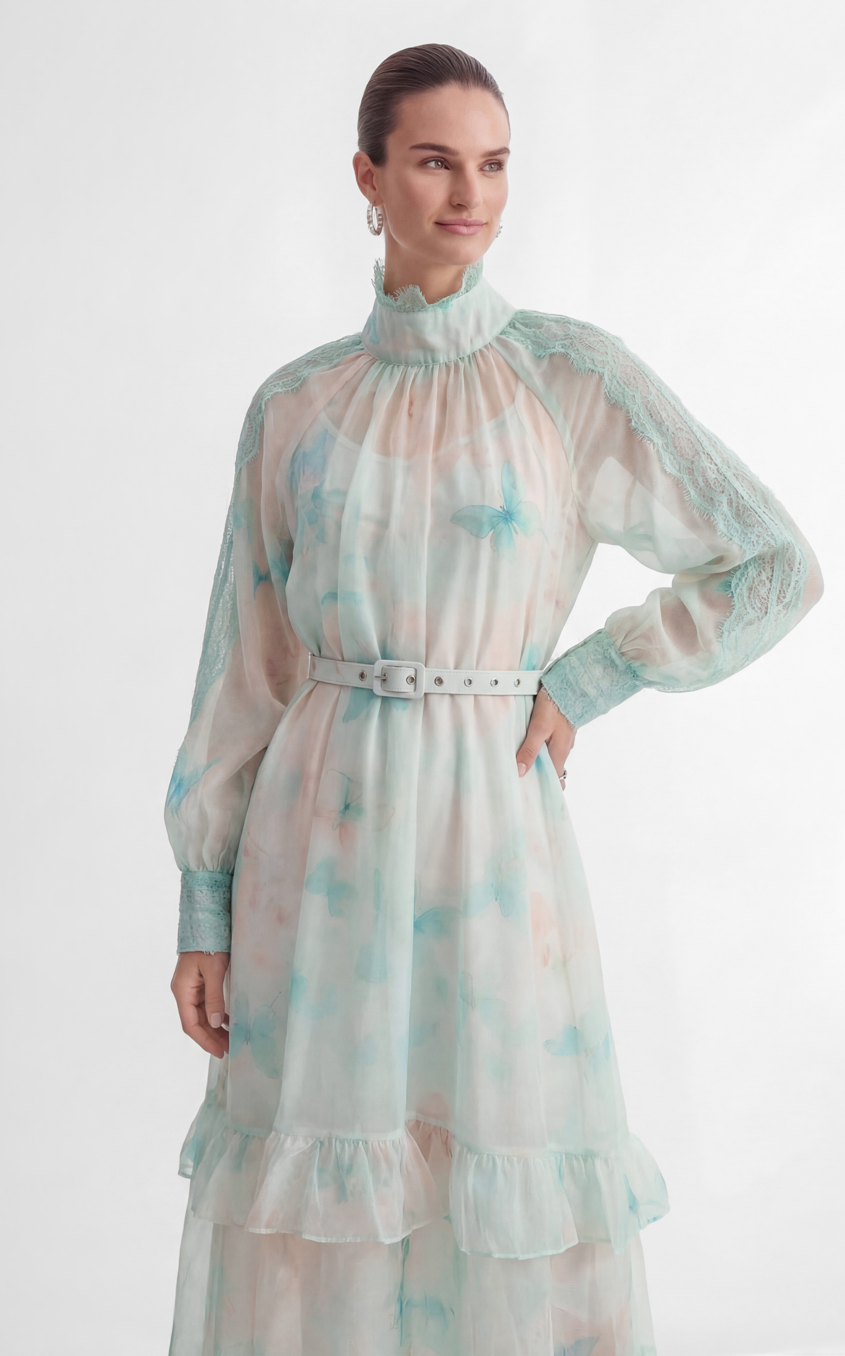 Venus Chartreuse Mint Butterfly Print Tiered Ruffle Maxi Dress