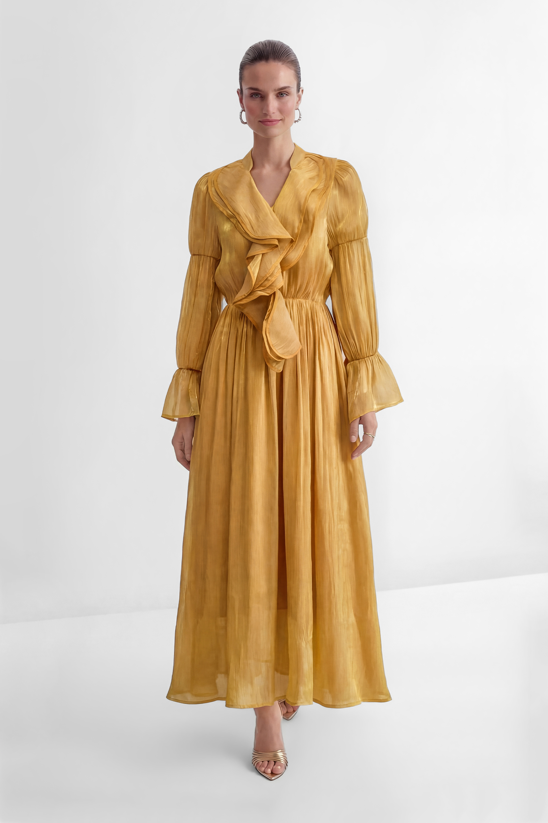 Gorgeous Essence Yellow Ruffled Neckline Flared Sleeve Maxi Dress