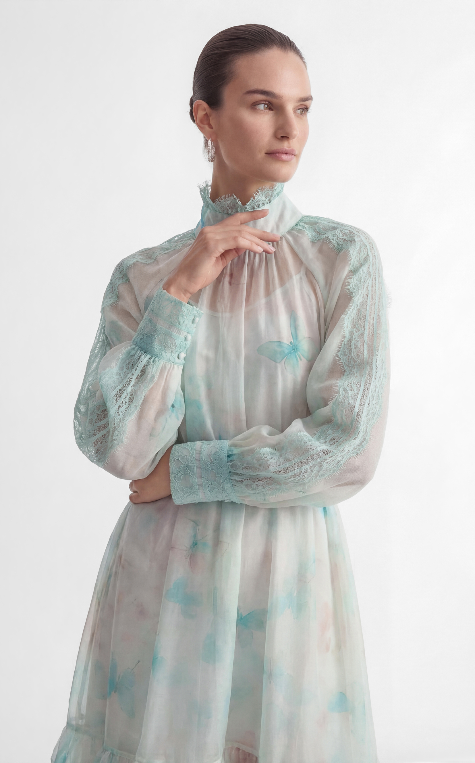 Venus Chartreuse Mint Butterfly Print Tiered Ruffle Maxi Dress