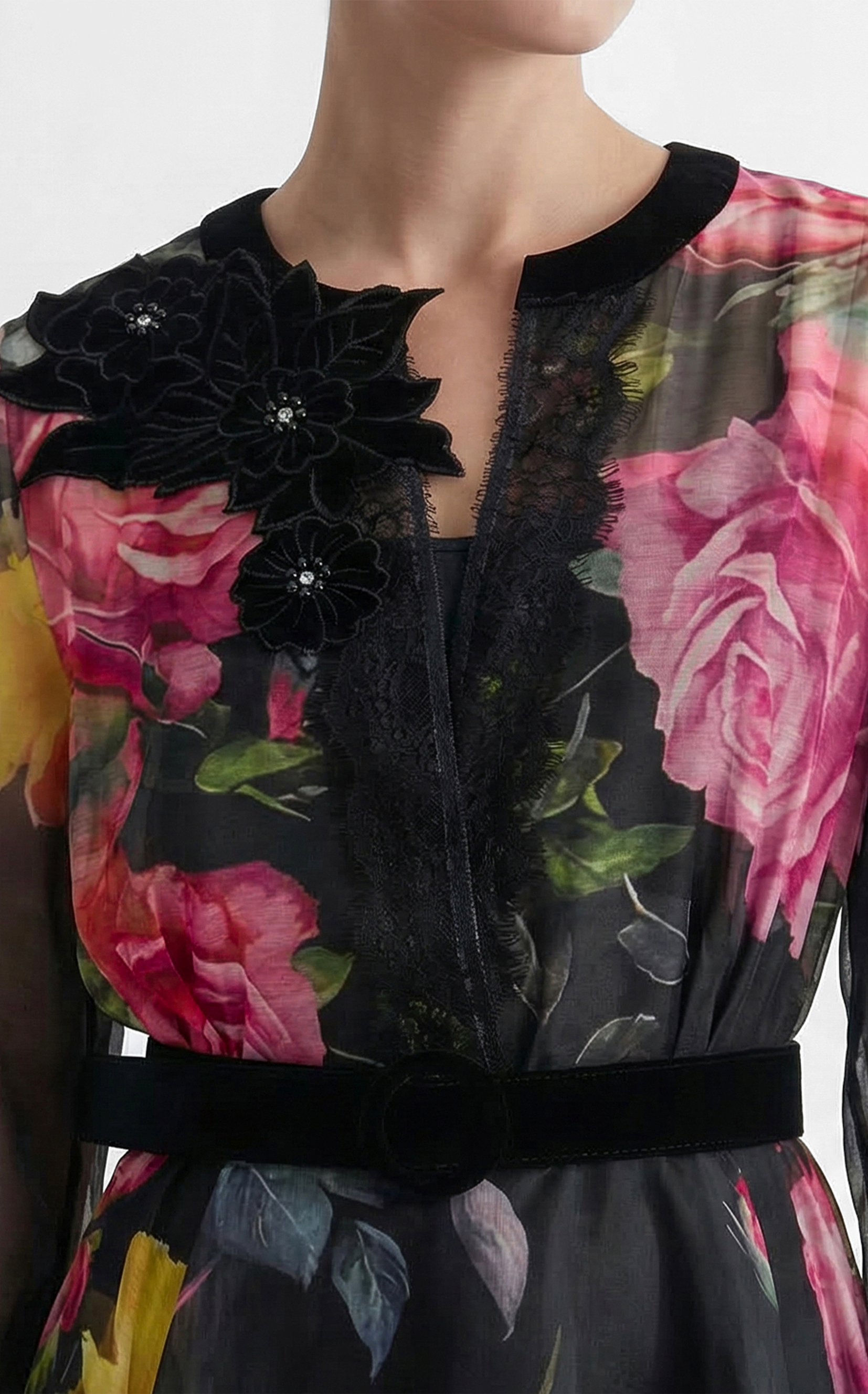 Softly Charming Black Floral Print Velvet Cuff Maxi Dress