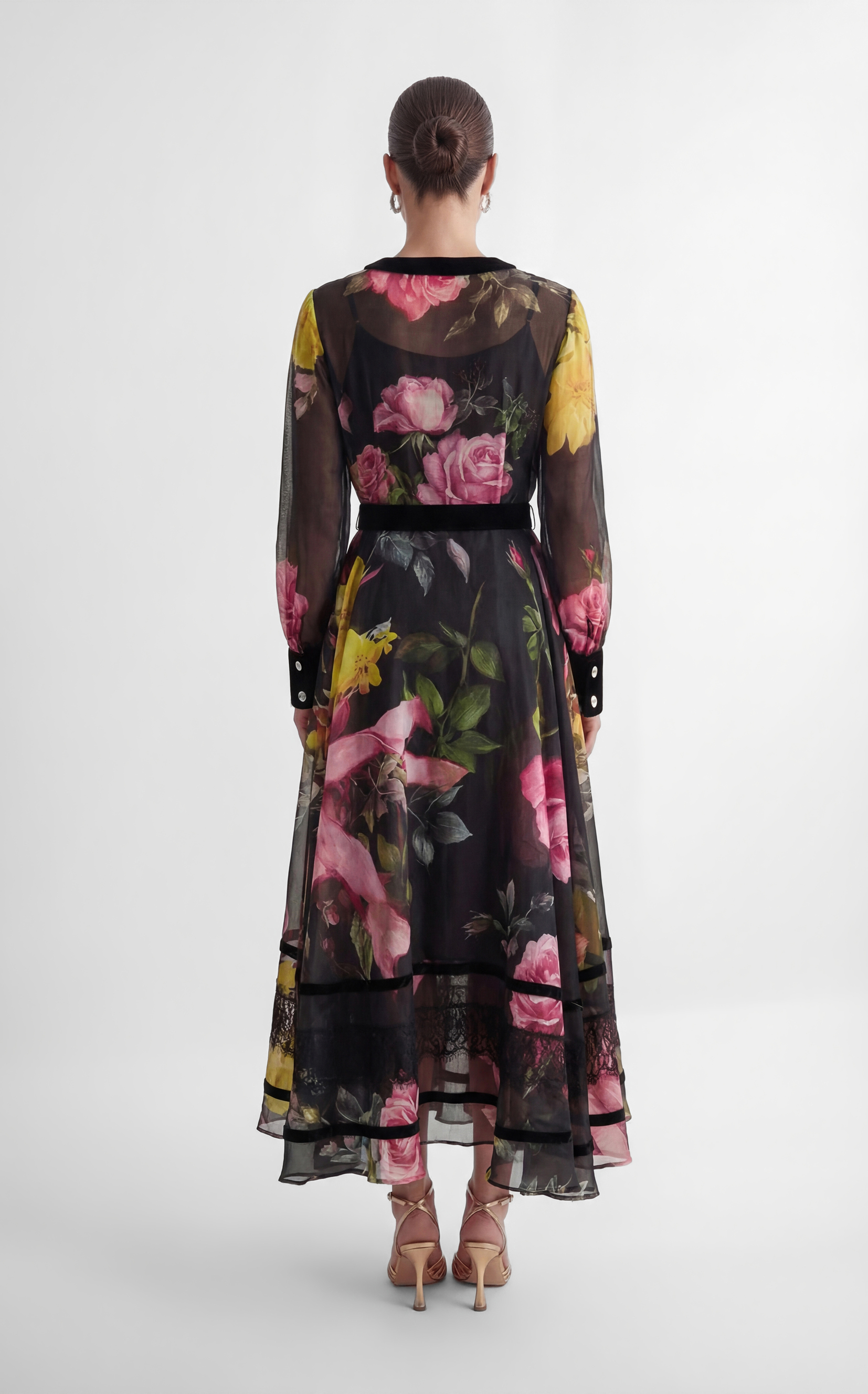 Softly Charming Black Floral Print Velvet Cuff Maxi Dress