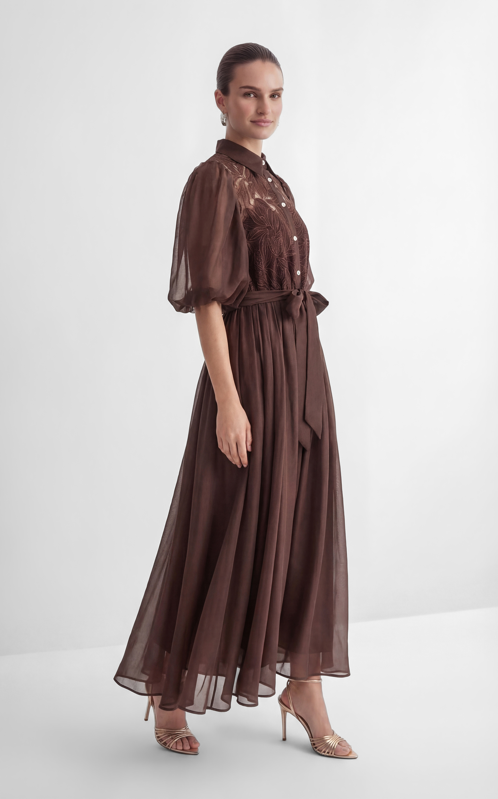 Breezy Wanderings Brown Leaf Embroidered Puff Sleeve Maxi Dress