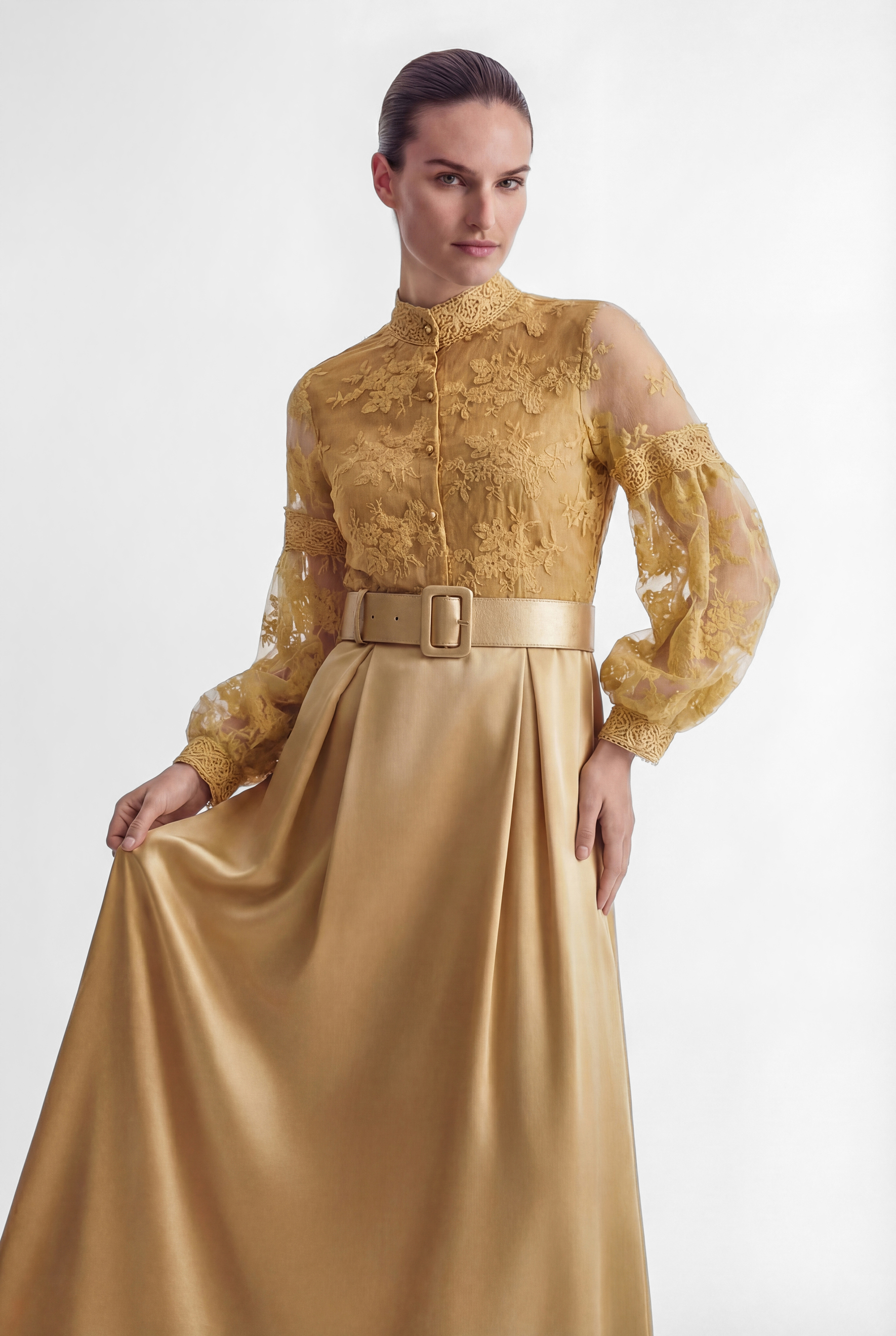 Perfectly Flirtatious Yellow Sheer Lace Sleeve Maxi Dress