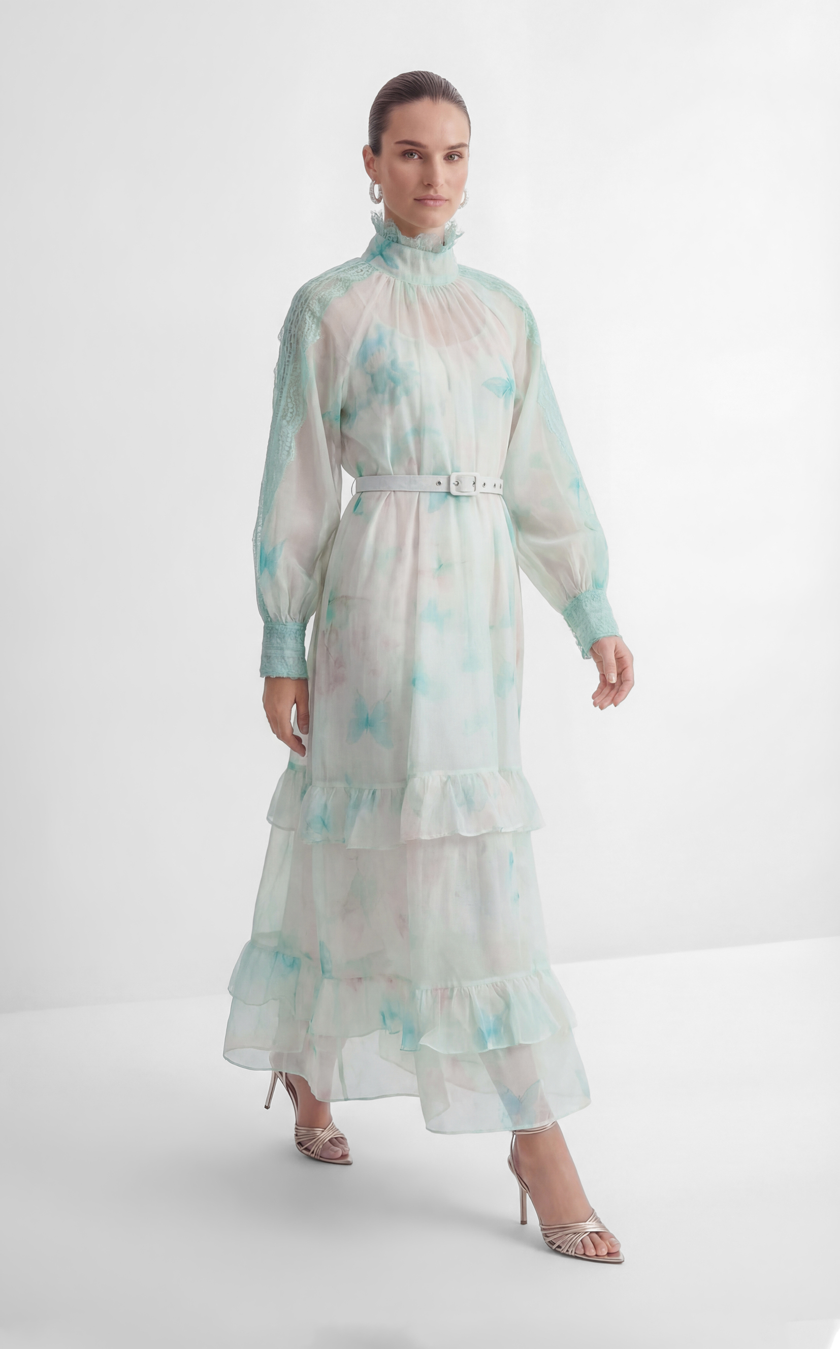 Venus Chartreuse Mint Butterfly Print Tiered Ruffle Maxi Dress