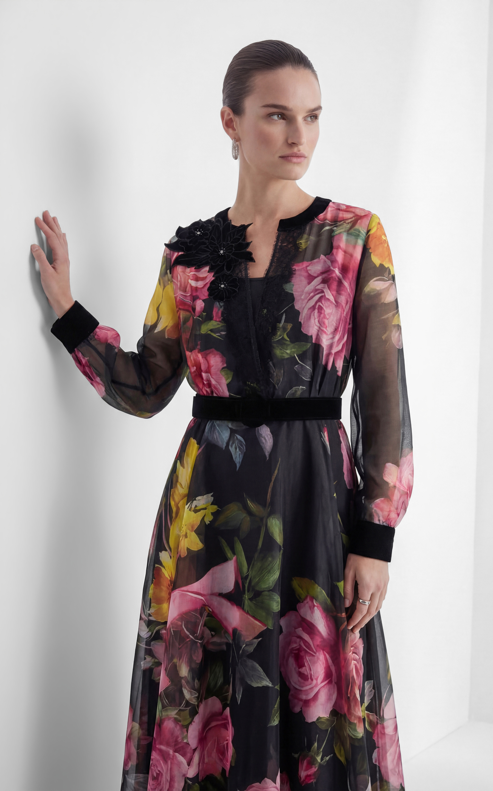 Softly Charming Black Floral Print Velvet Cuff Maxi Dress