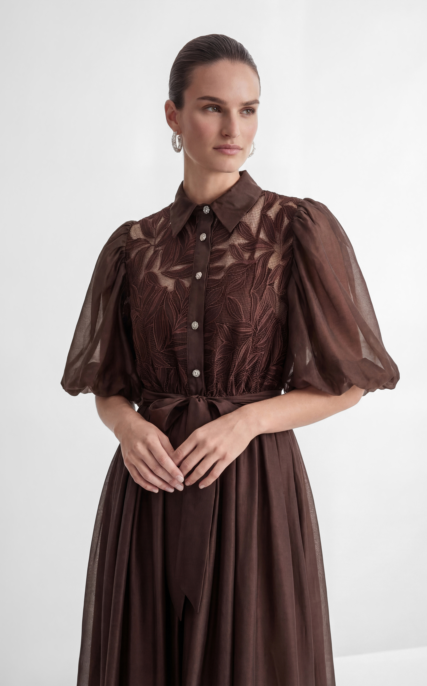 Breezy Wanderings Brown Leaf Embroidered Puff Sleeve Maxi Dress