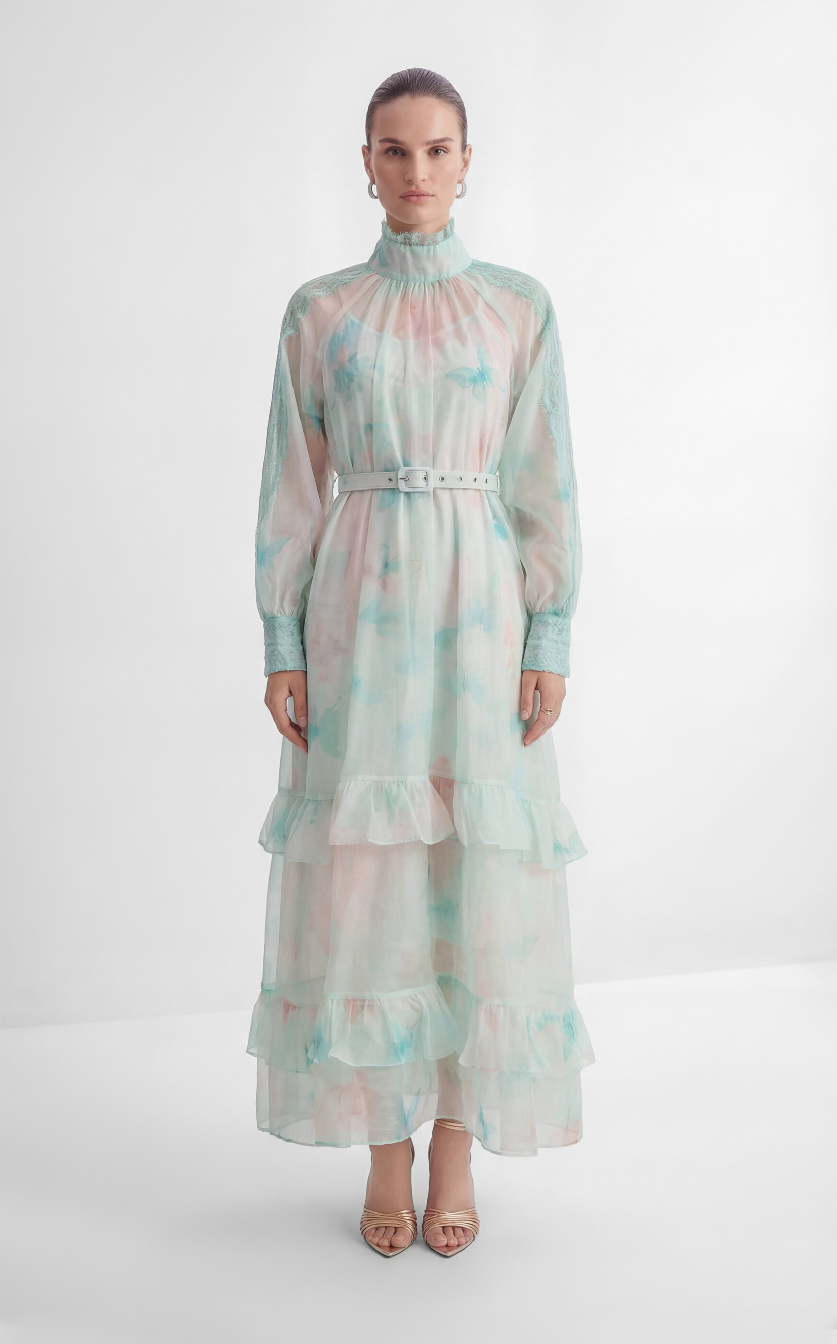 Venus Chartreuse Mint Butterfly Print Tiered Ruffle Maxi Dress