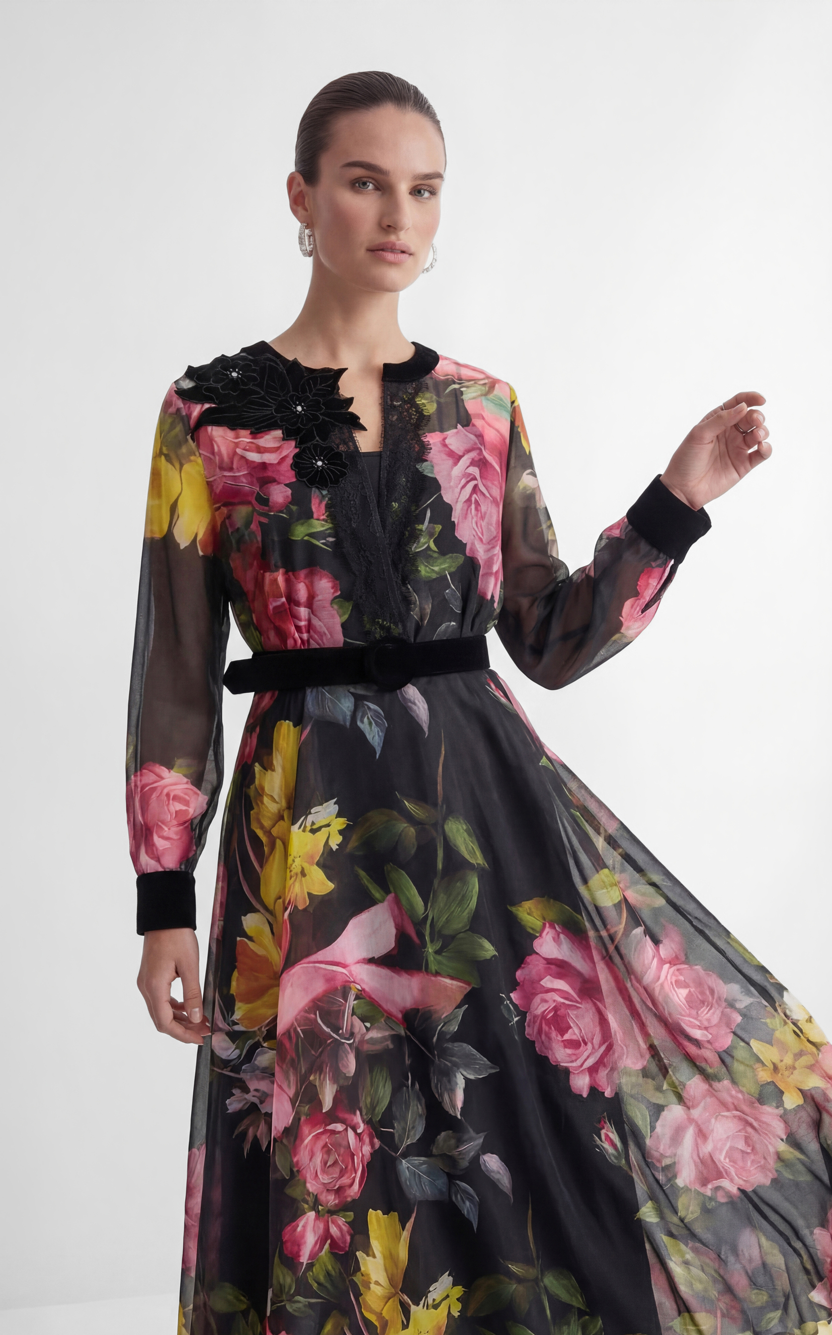 Softly Charming Black Floral Print Velvet Cuff Maxi Dress