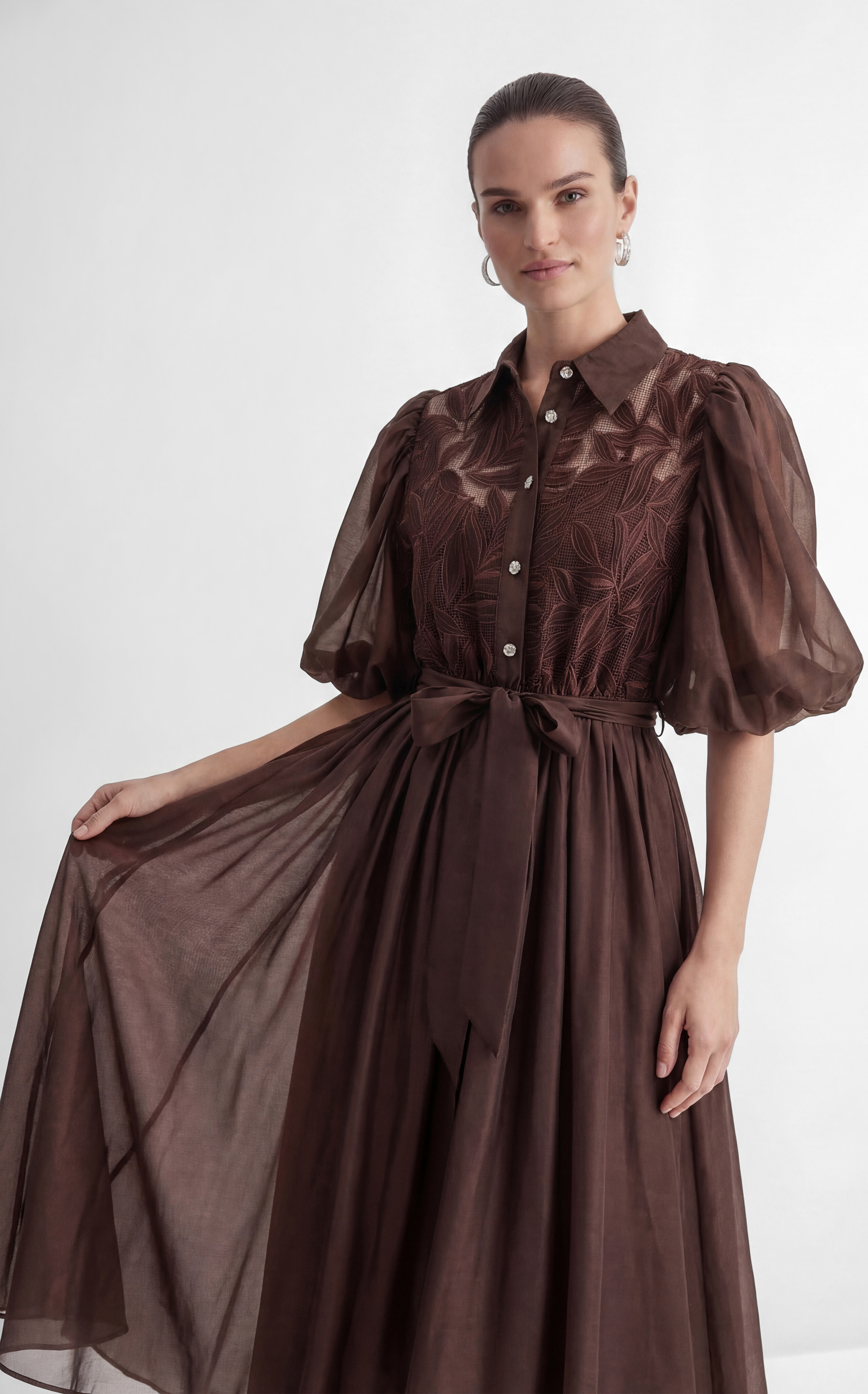 Breezy Wanderings Brown Leaf Embroidered Puff Sleeve Maxi Dress