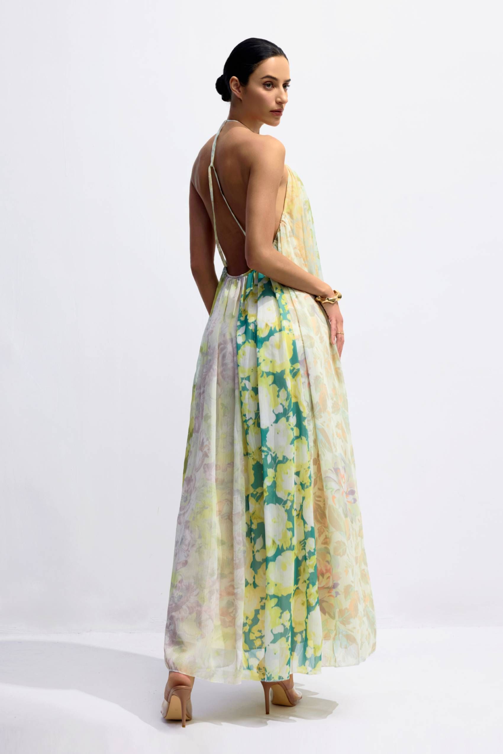 Angelic Patchwork Floral Open Back Maxi Dress