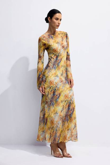 Lane Print Flare Cuffs Maxi Dress