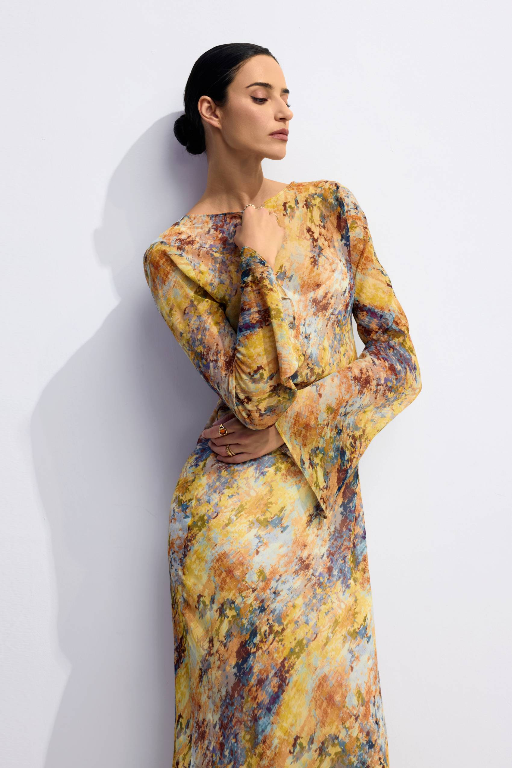 Lane Print Flare Cuffs Maxi Dress