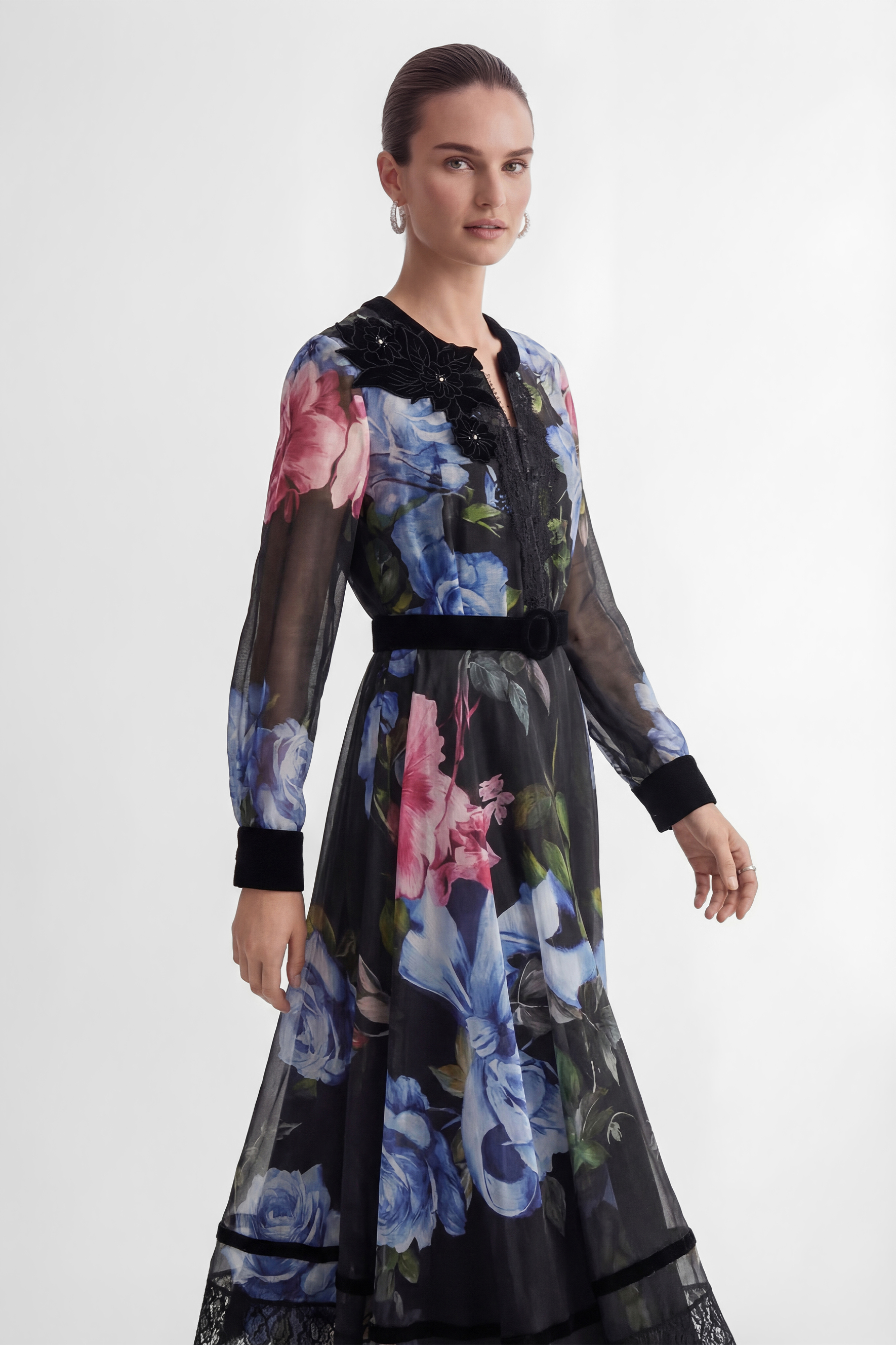 Antique Roses Black Floral Applique Sheer Sleeve Maxi Dress