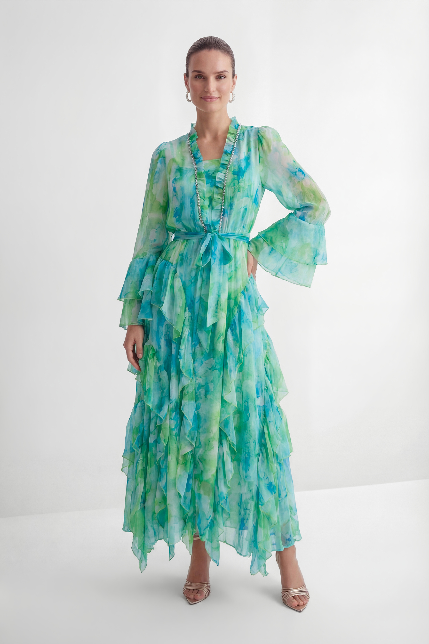 Vibes On Point Mint Green Abstract Print Tiered Ruffle Maxi Dress