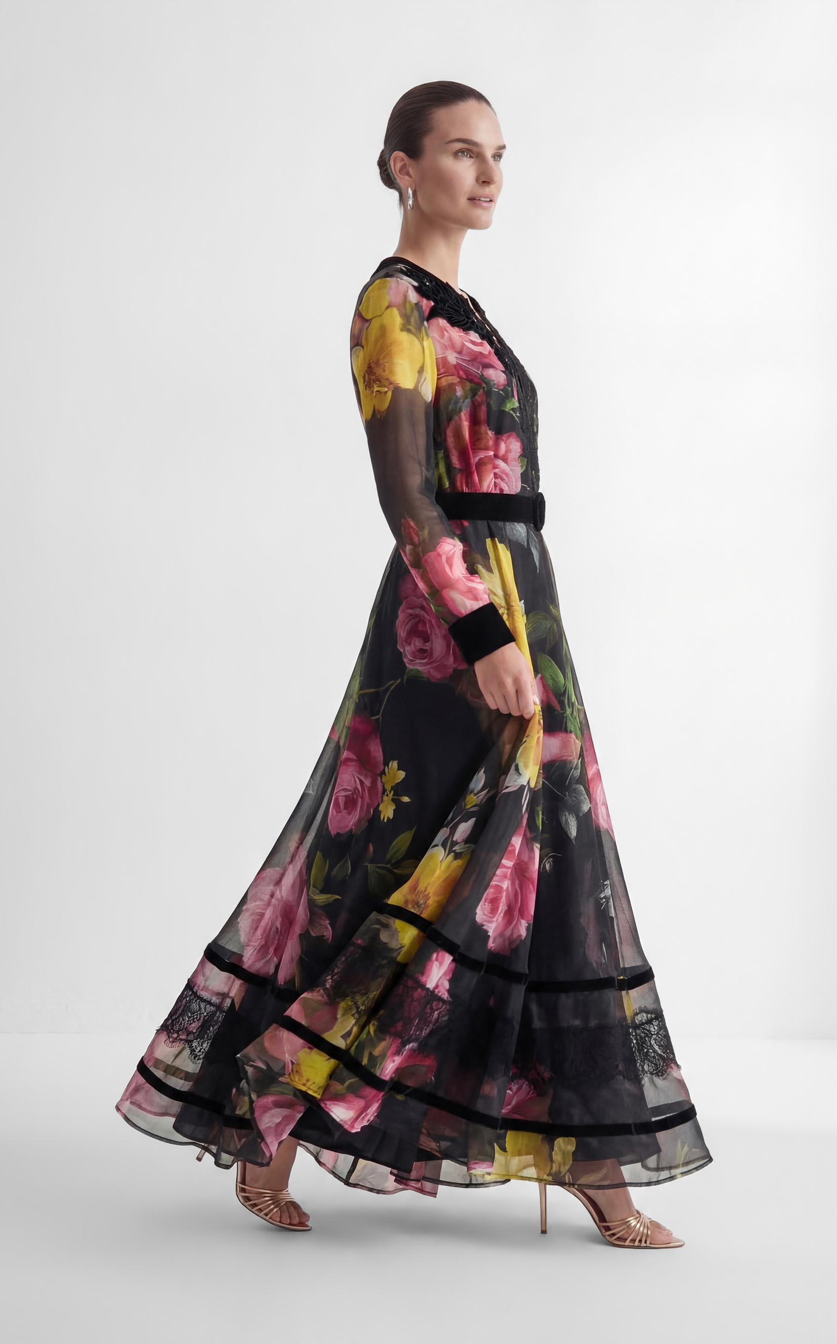 Softly Charming Black Floral Print Velvet Cuff Maxi Dress