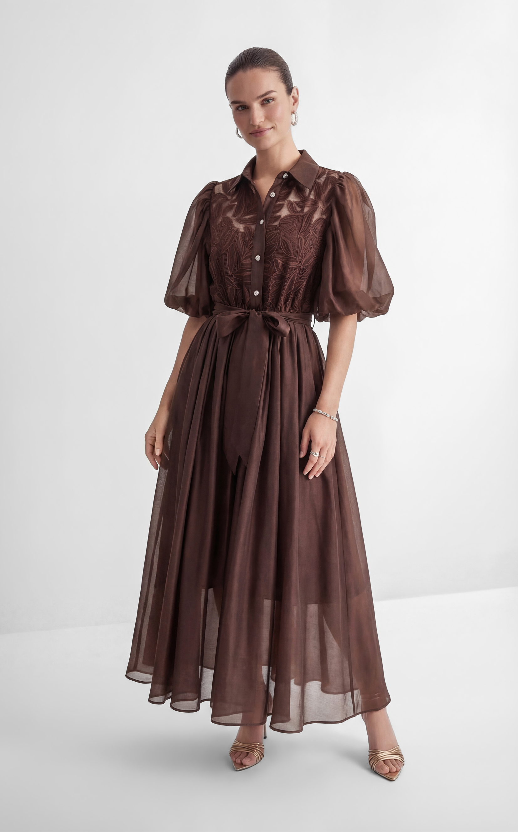 Breezy Wanderings Brown Leaf Embroidered Puff Sleeve Maxi Dress