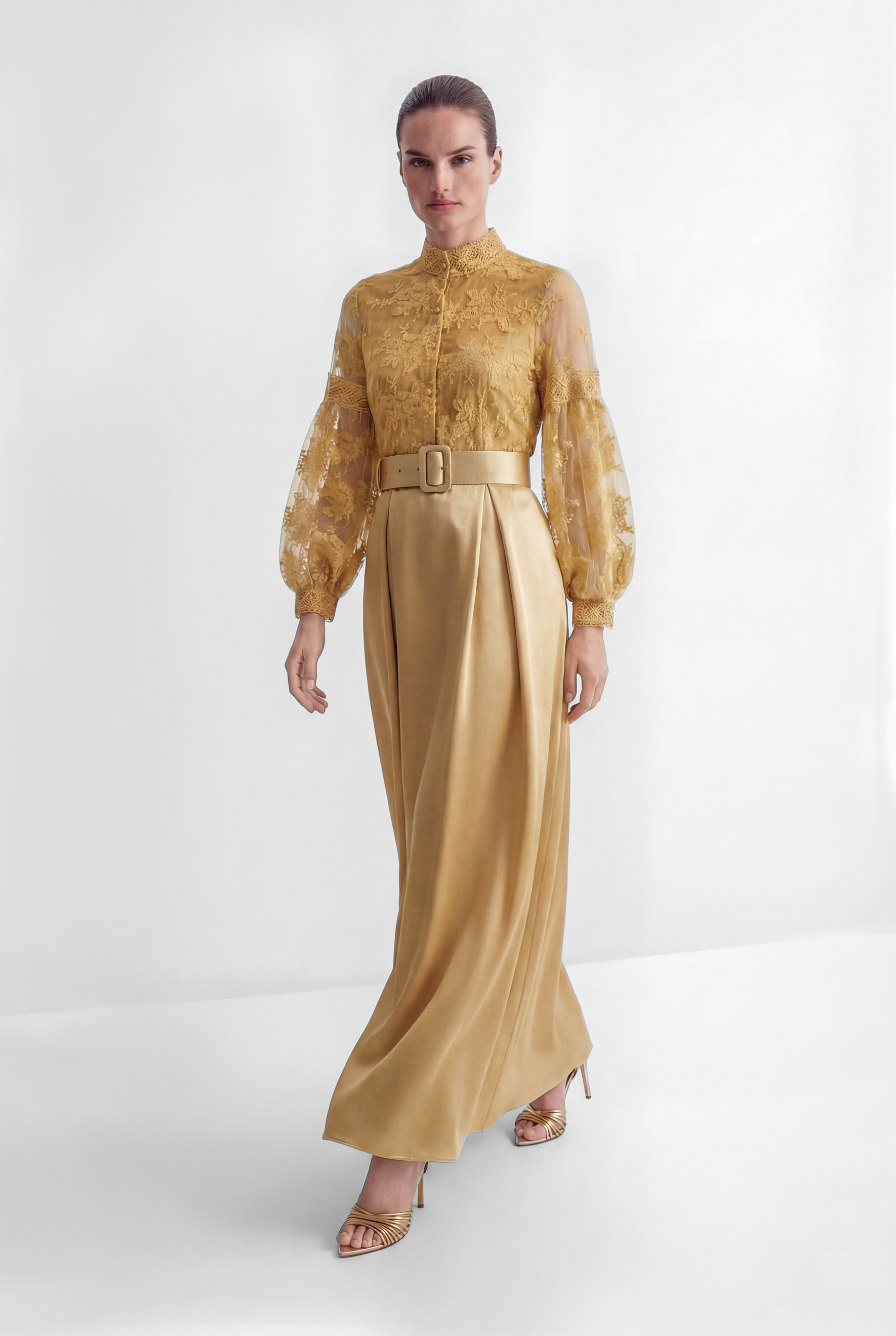 Perfectly Flirtatious Yellow Sheer Lace Sleeve Maxi Dress