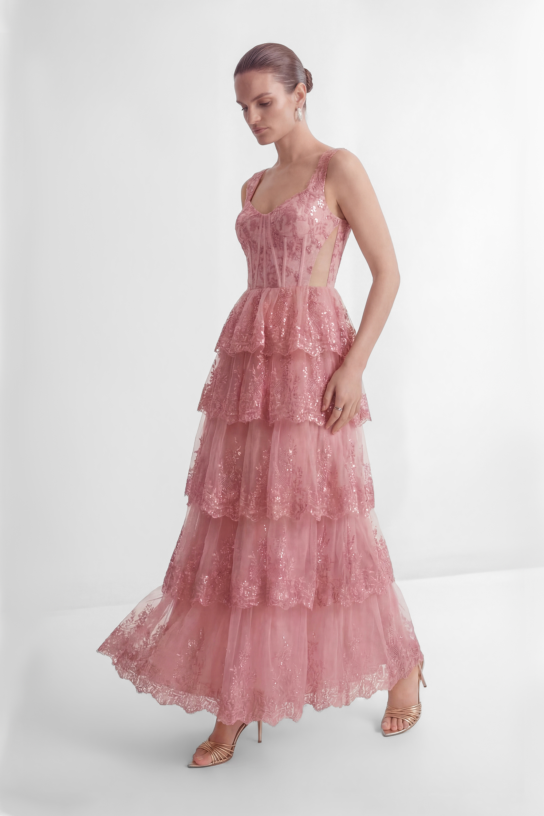 Close To Your Heart Pink Lace Corset Tiered Maxi Dress