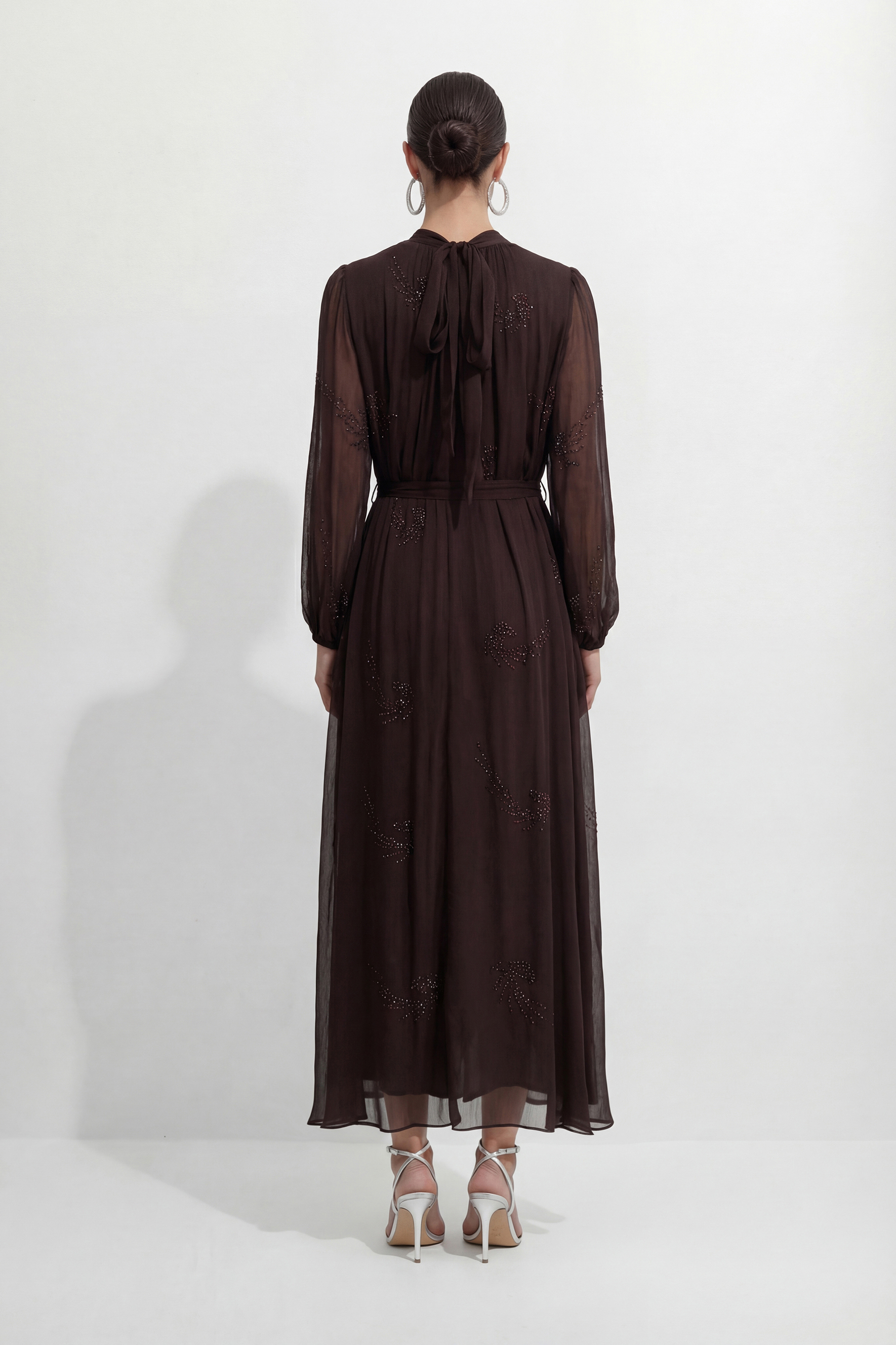 Slow Glamour Brown Rhinestone Embellished Silk Maxi Dress