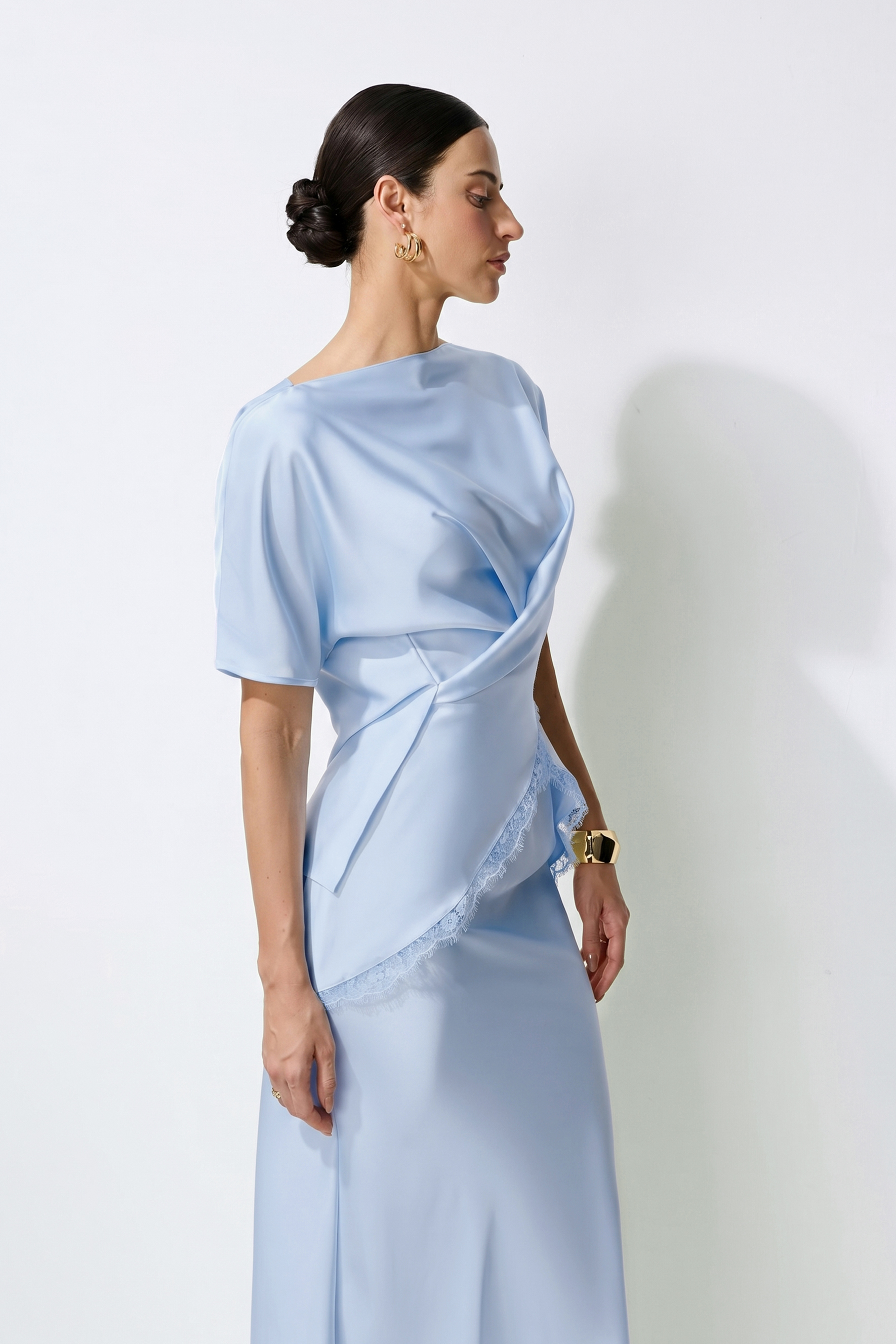 Falling for this Blue Lace Trim Blouse & Satin Skirt Set