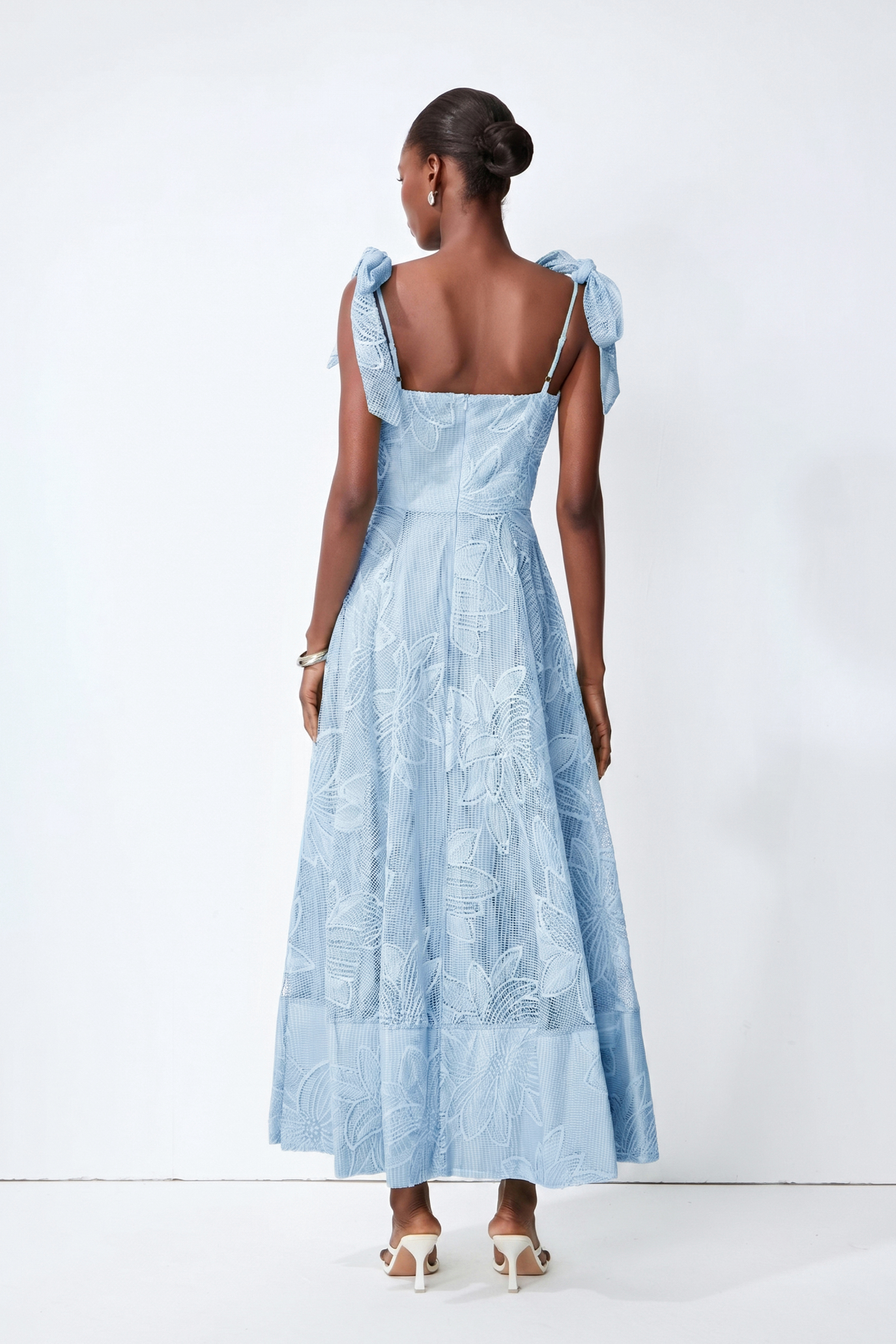 Spring Romance Blue Floral Lace Bow Strap Maxi Dress