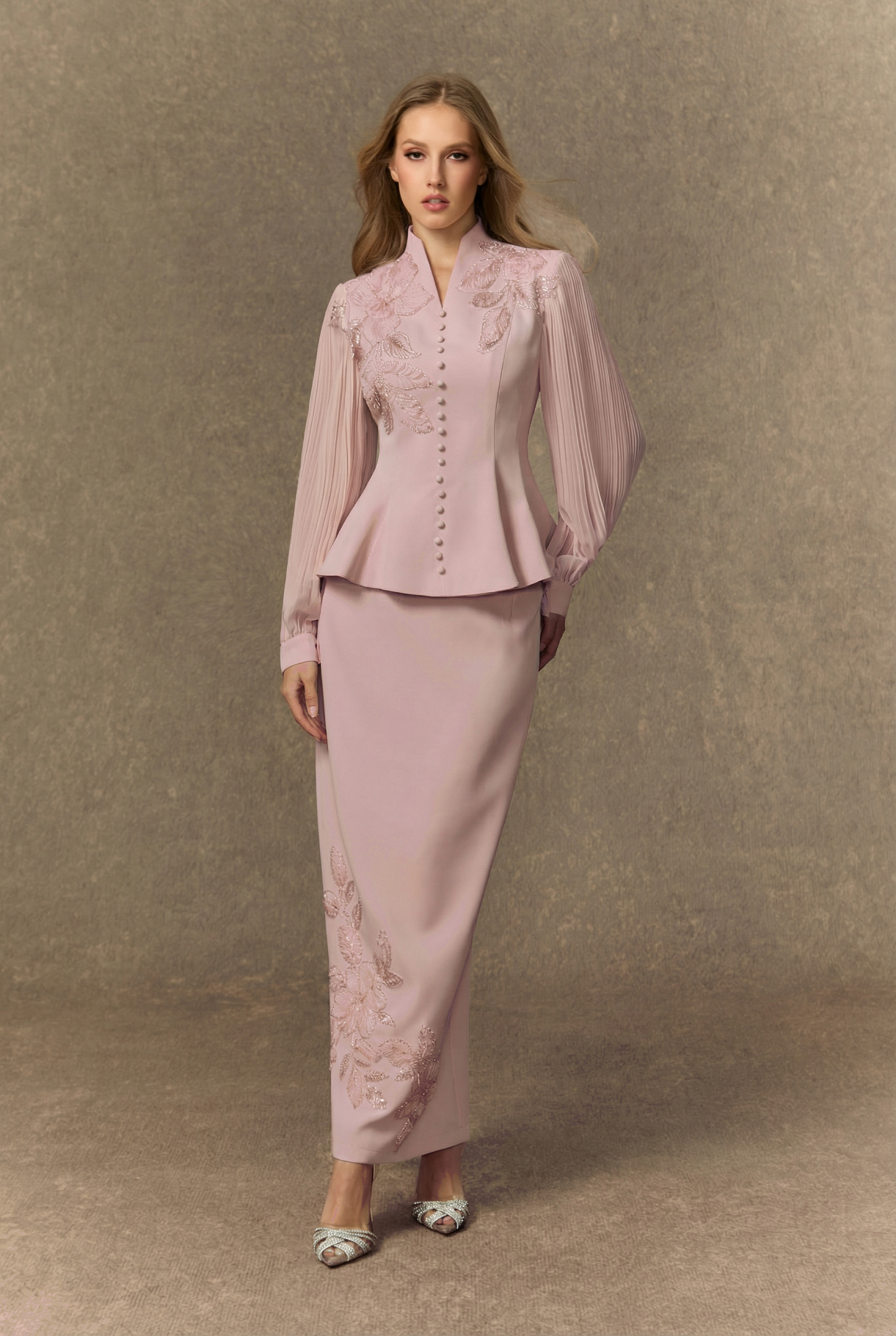 Dressed To Dazzle White Floral Embroidery Pleated Sleeve Skirt Set