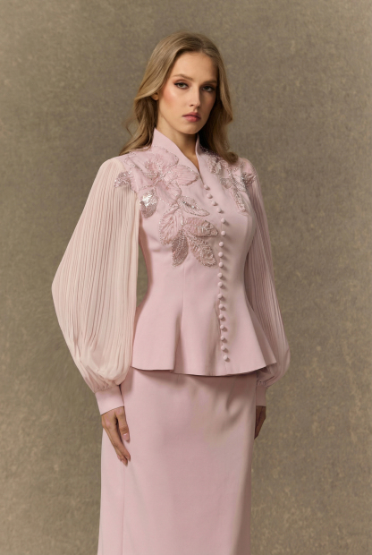 Dressed To Dazzle White Floral Embroidery Pleated Sleeve Skirt Set