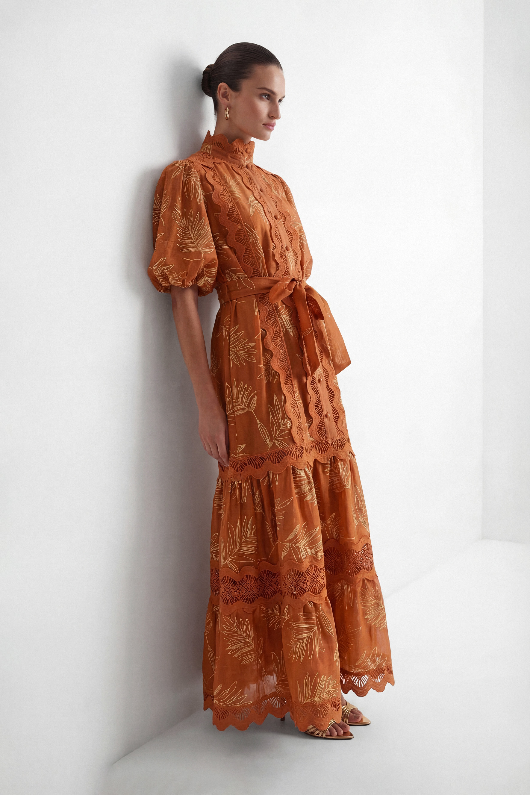 Secret Rendezvous Brown Leaf Embroidered Tiered Maxi Dress