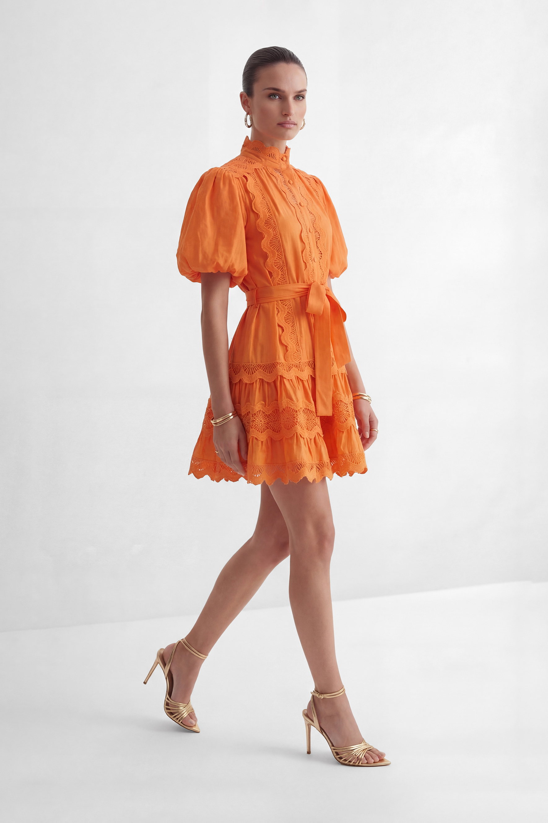Gorgeous Essence Orange Lace Trim Tiered Mini Dress