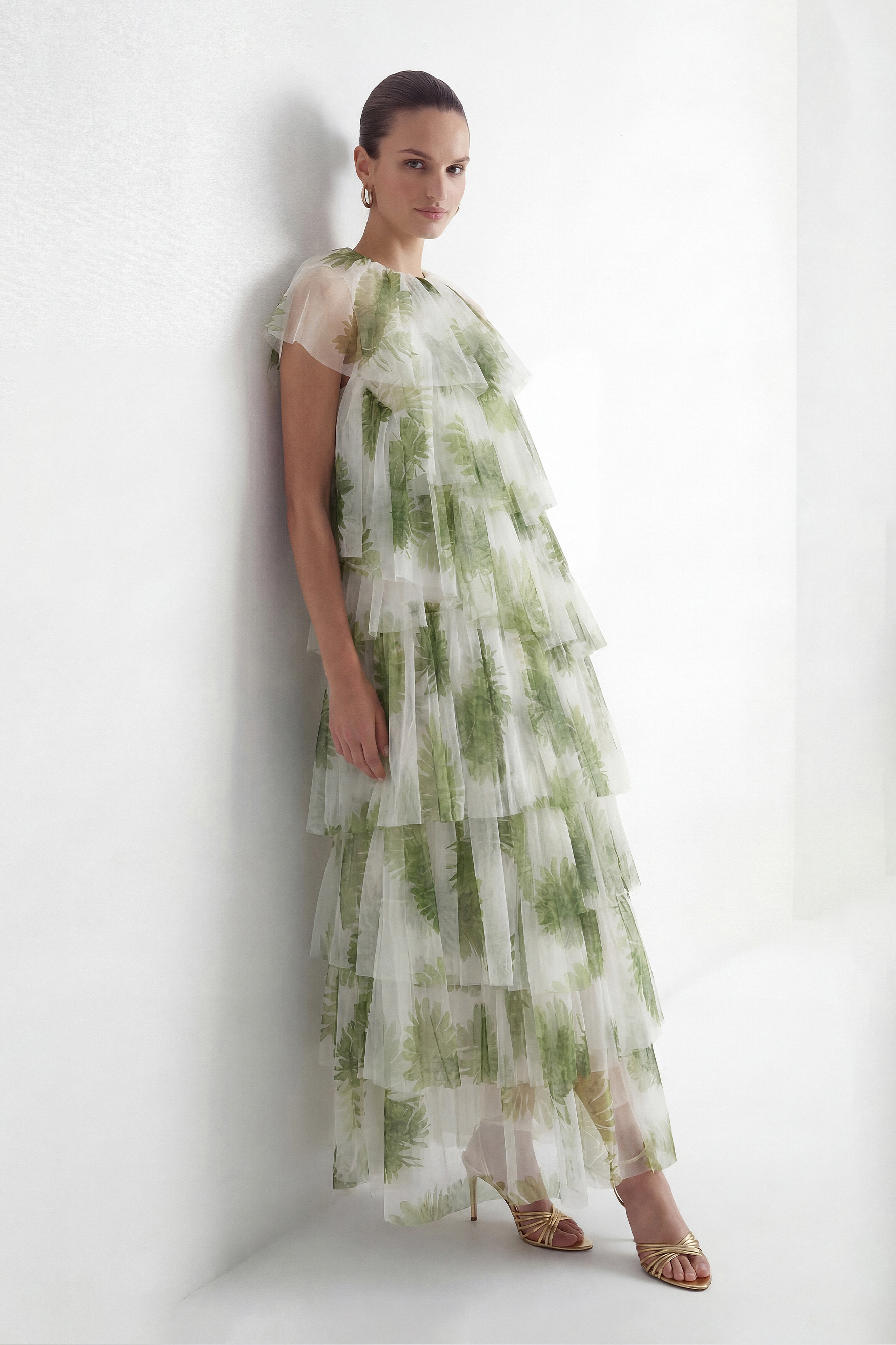 Garden Romance Green Leaf Print Tiered Tulle Maxi Dress