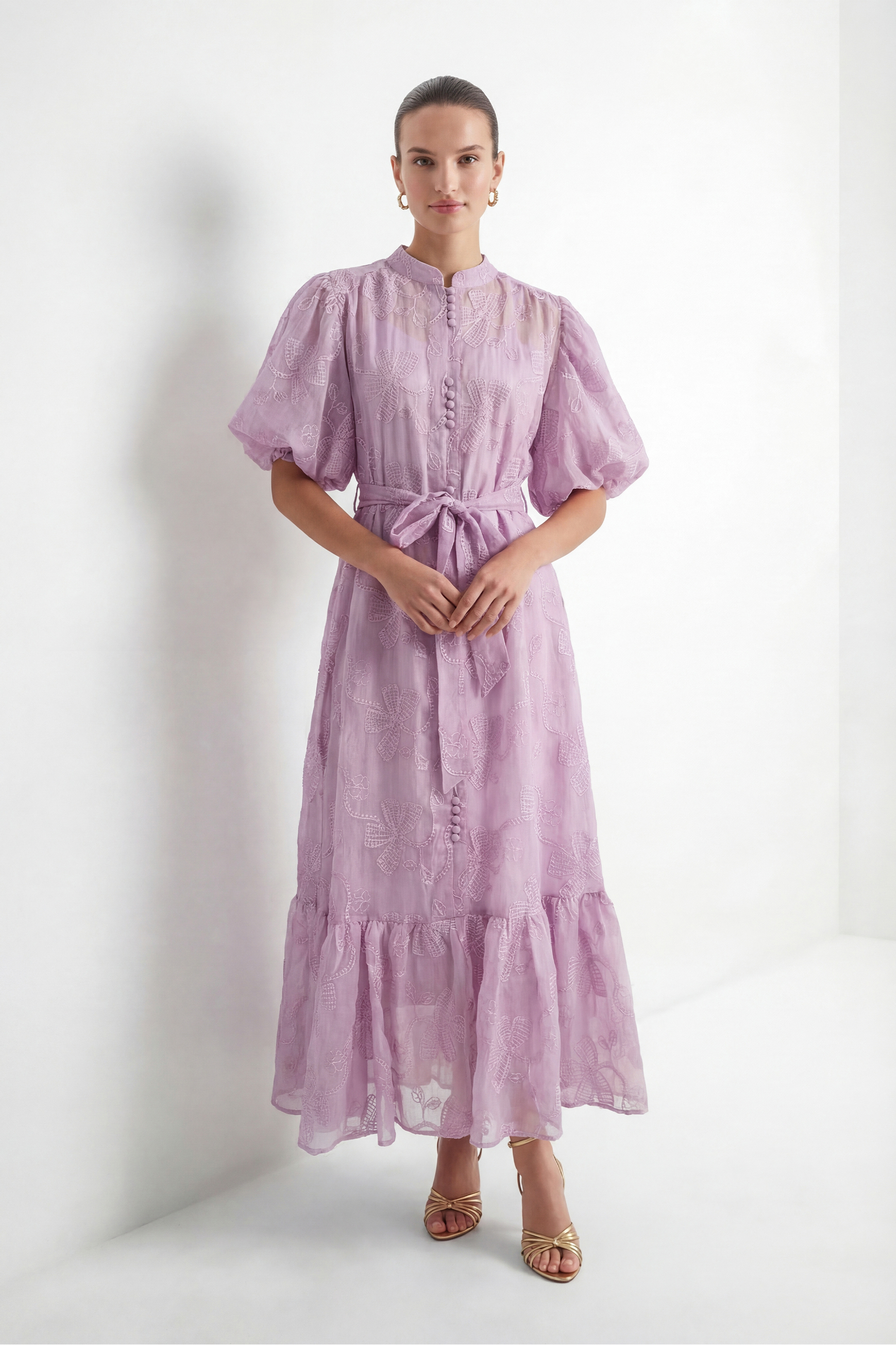 Playfully Posh Lavender Floral Embroidered Tiered Maxi Dress