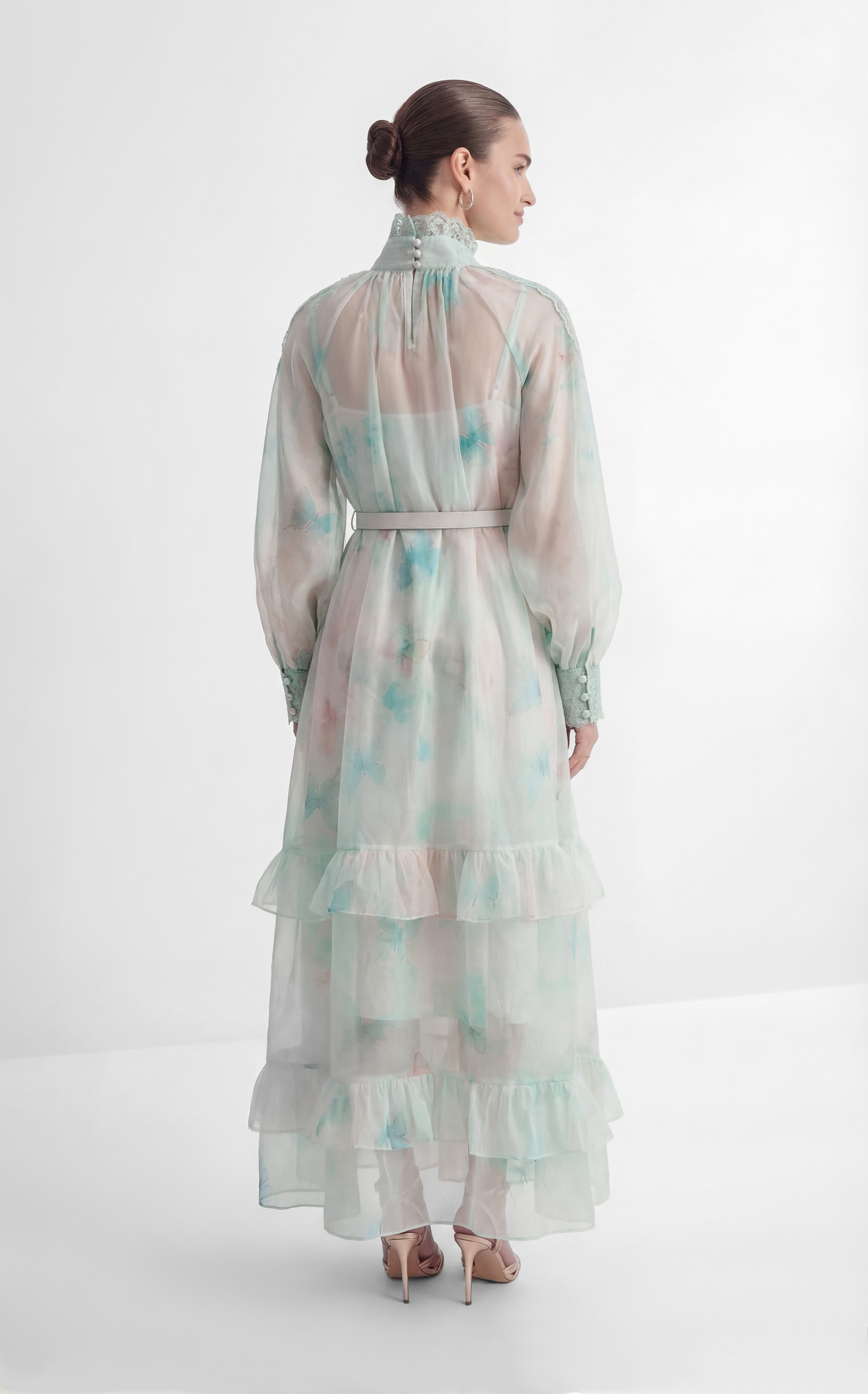 Venus Chartreuse Mint Butterfly Print Tiered Ruffle Maxi Dress