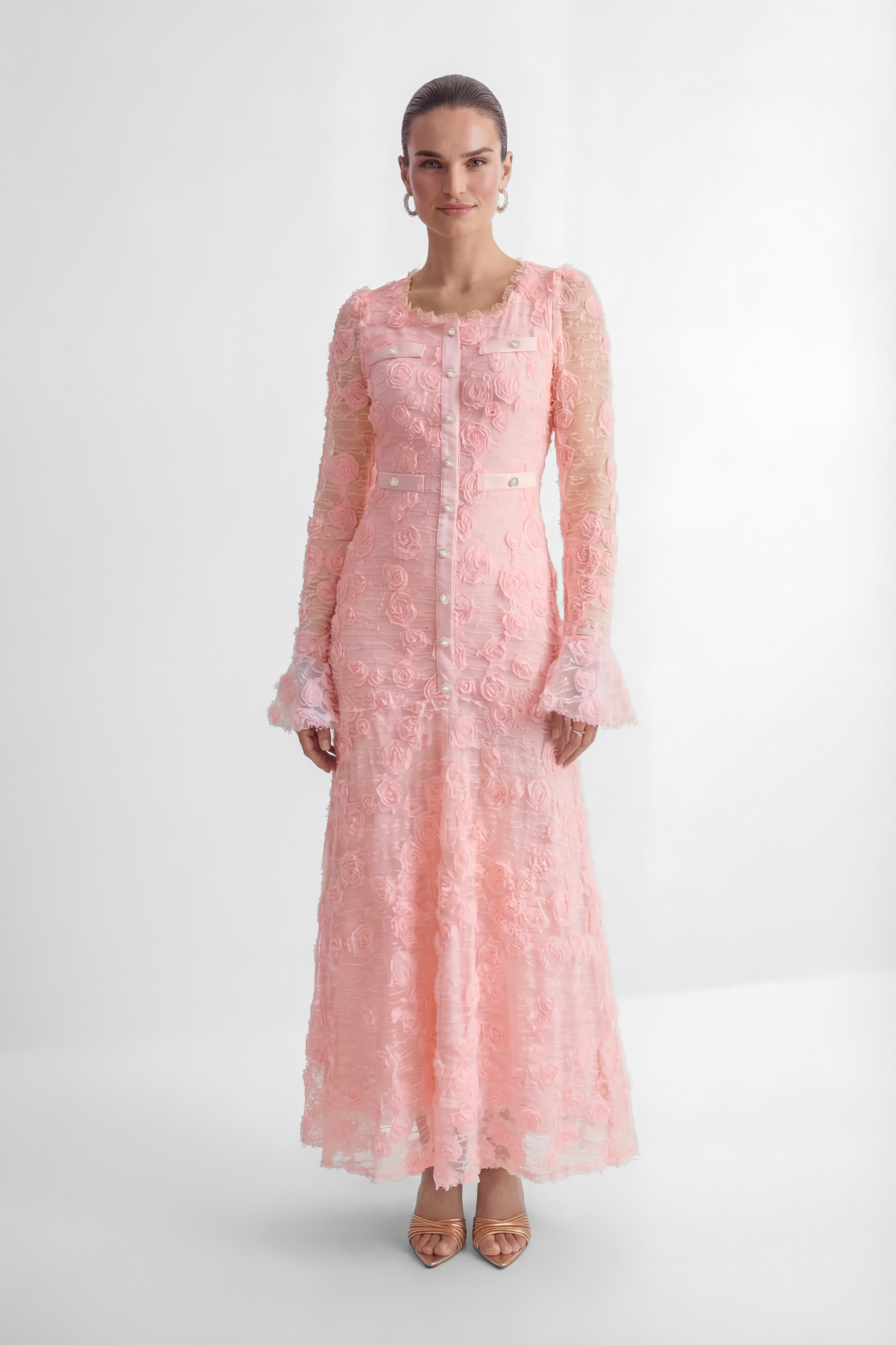 Grace and Beauty Pink Rose Applique Maxi Dress