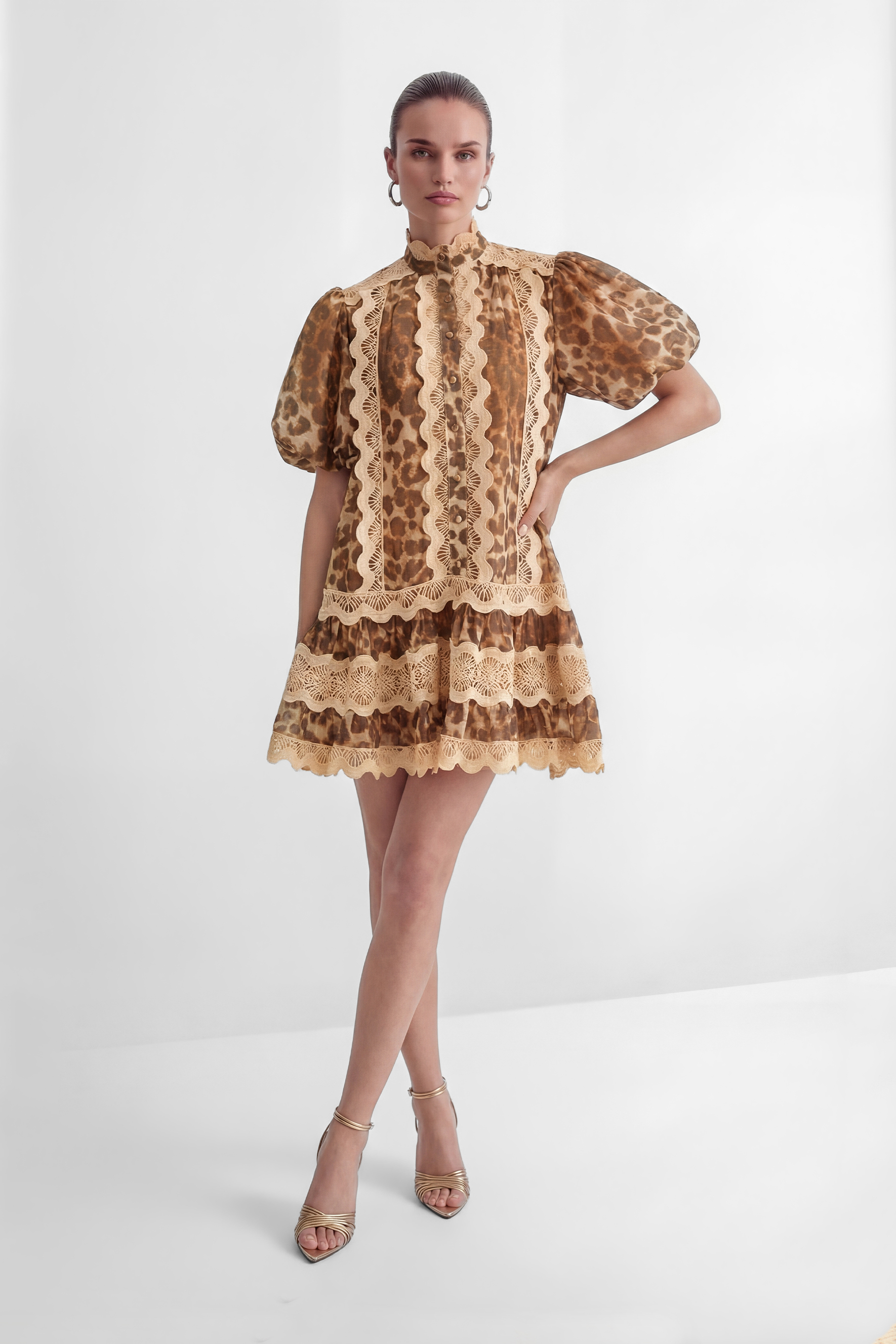 Excellent Mood Brown Leopard Print Lace Trim Mini Dress