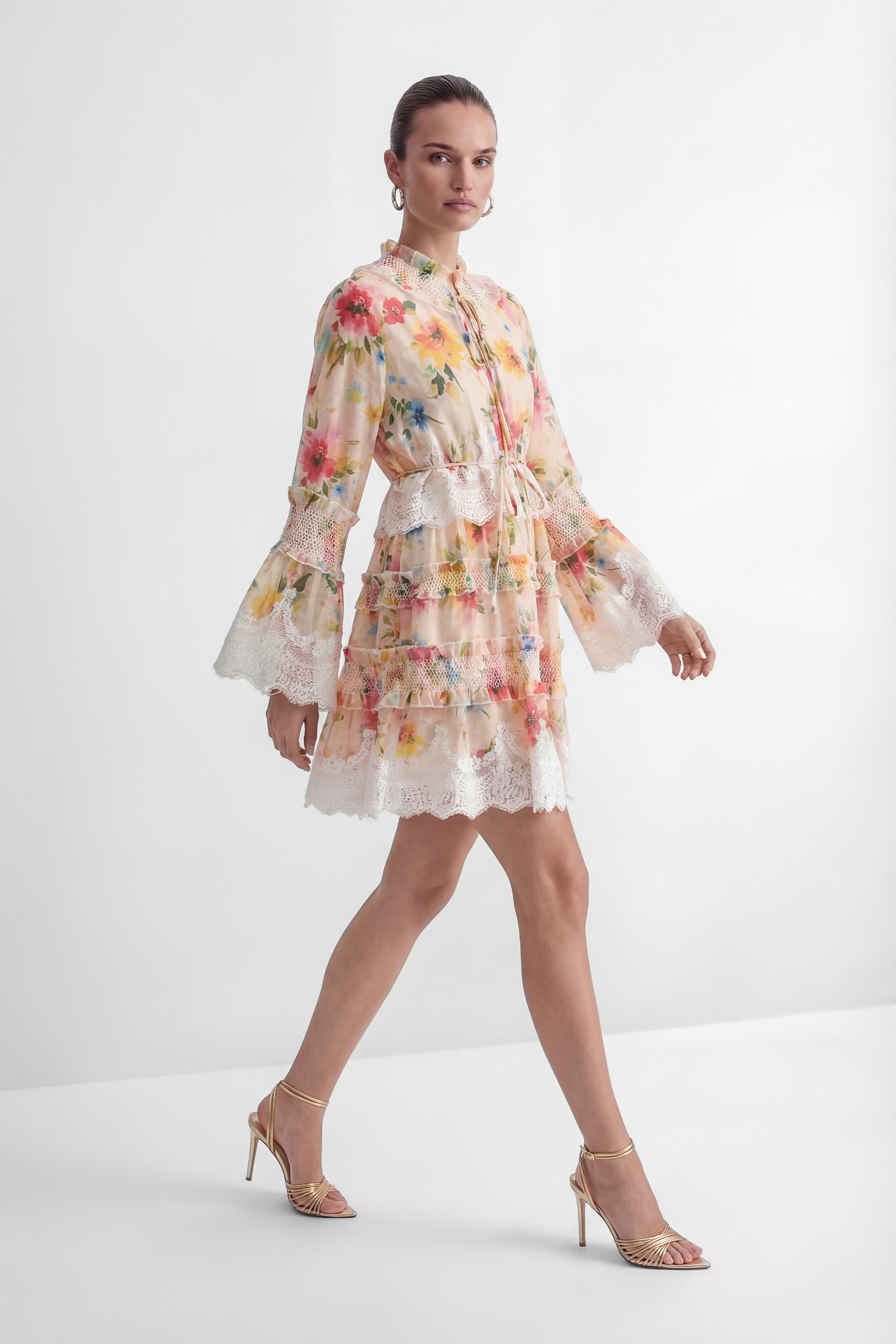 Soft Embrace Multi Floral Print Lace Trim Mini Dress