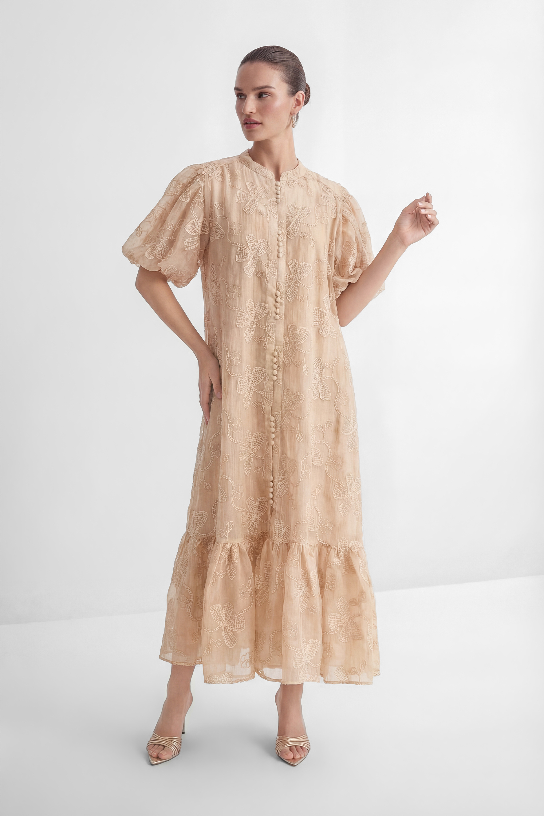 Always Remarkable Beige Floral Embroidery Puff Sleeve Maxi Dress