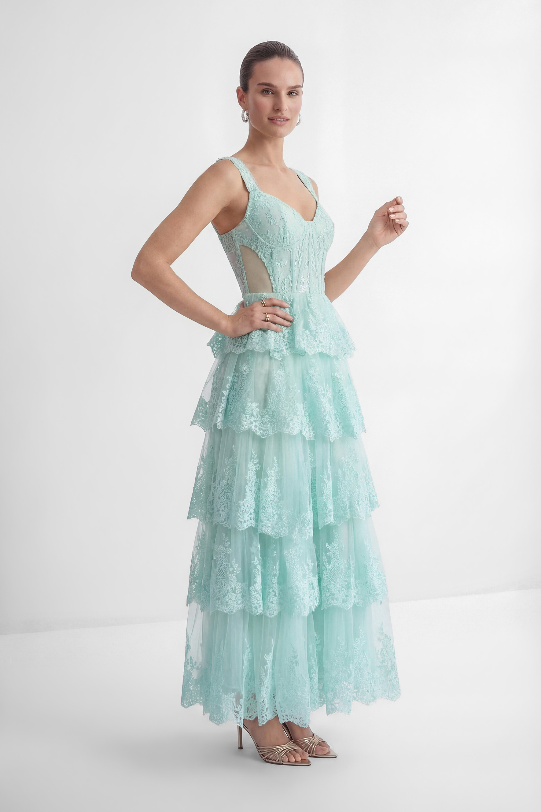 Sweetest Behavior Mint Green Lace Tiered Corset Maxi Dress