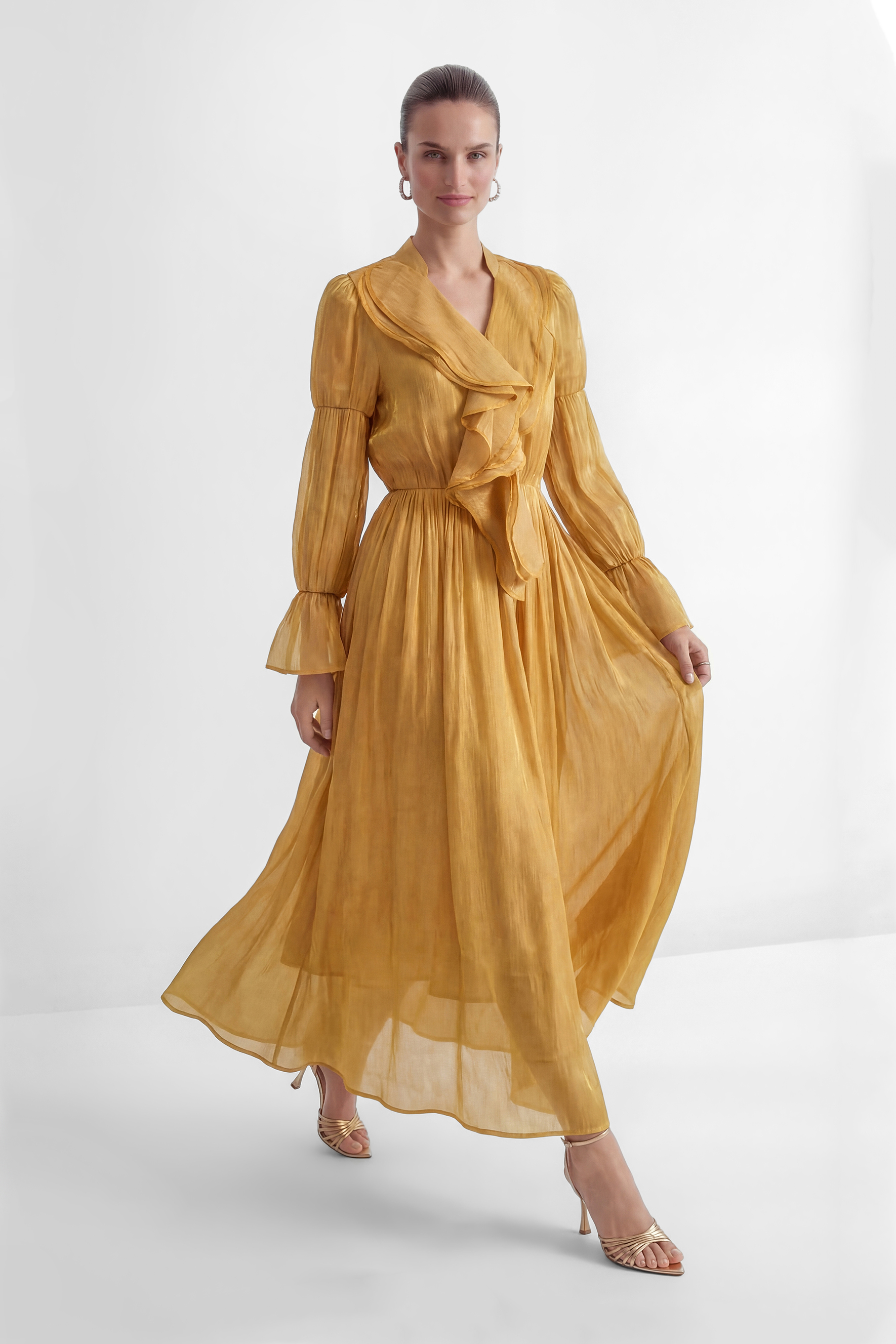 Gorgeous Essence Yellow Ruffled Neckline Flared Sleeve Maxi Dress