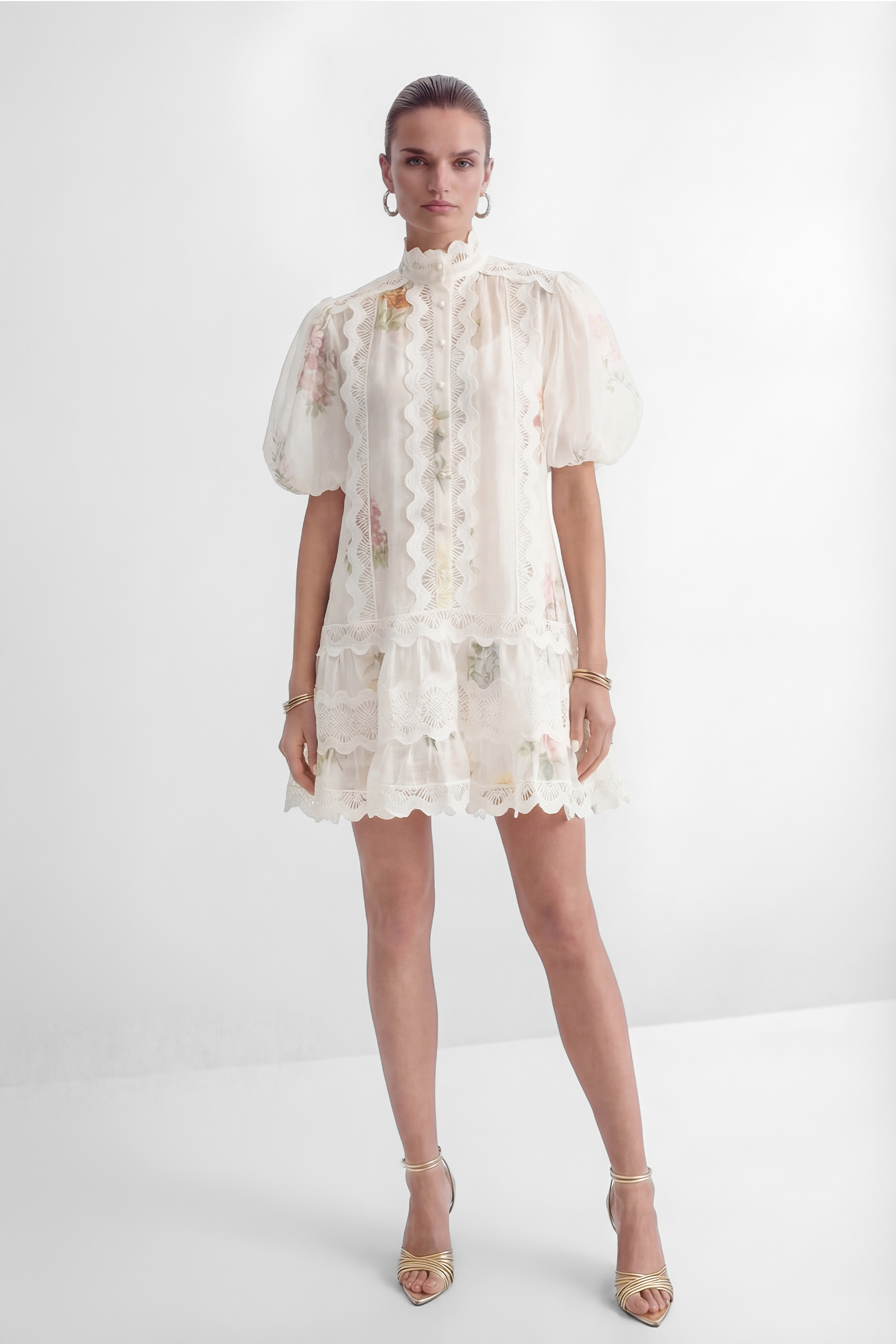 Whimsical Beauty Cream White Floral Print Lace Trim Mini Dress