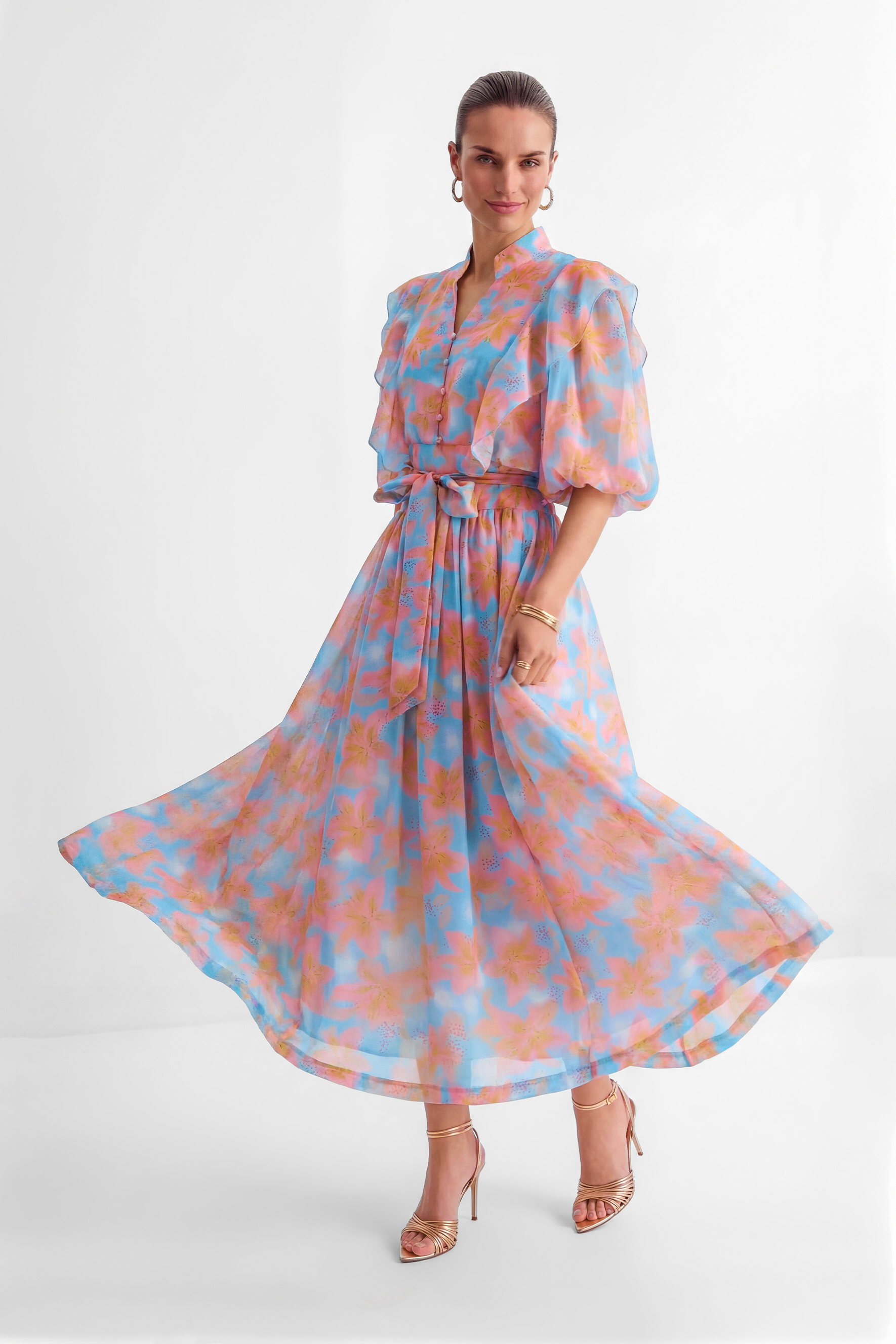 Every Sunny Moment Blue Floral Print Ruffled Maxi Dress