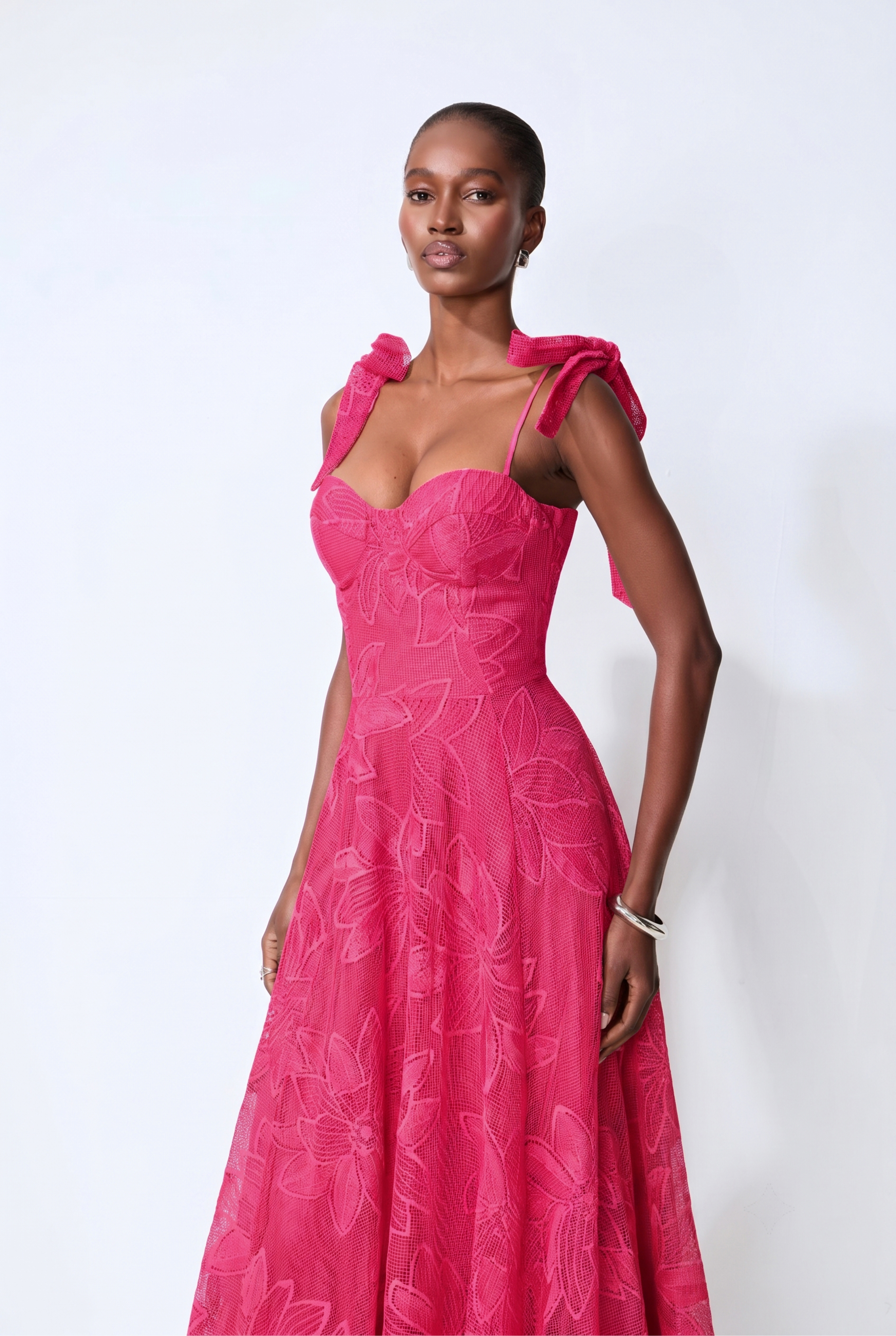 Spring Romance Hot Pink Floral Lace Bow Strap Maxi Dress